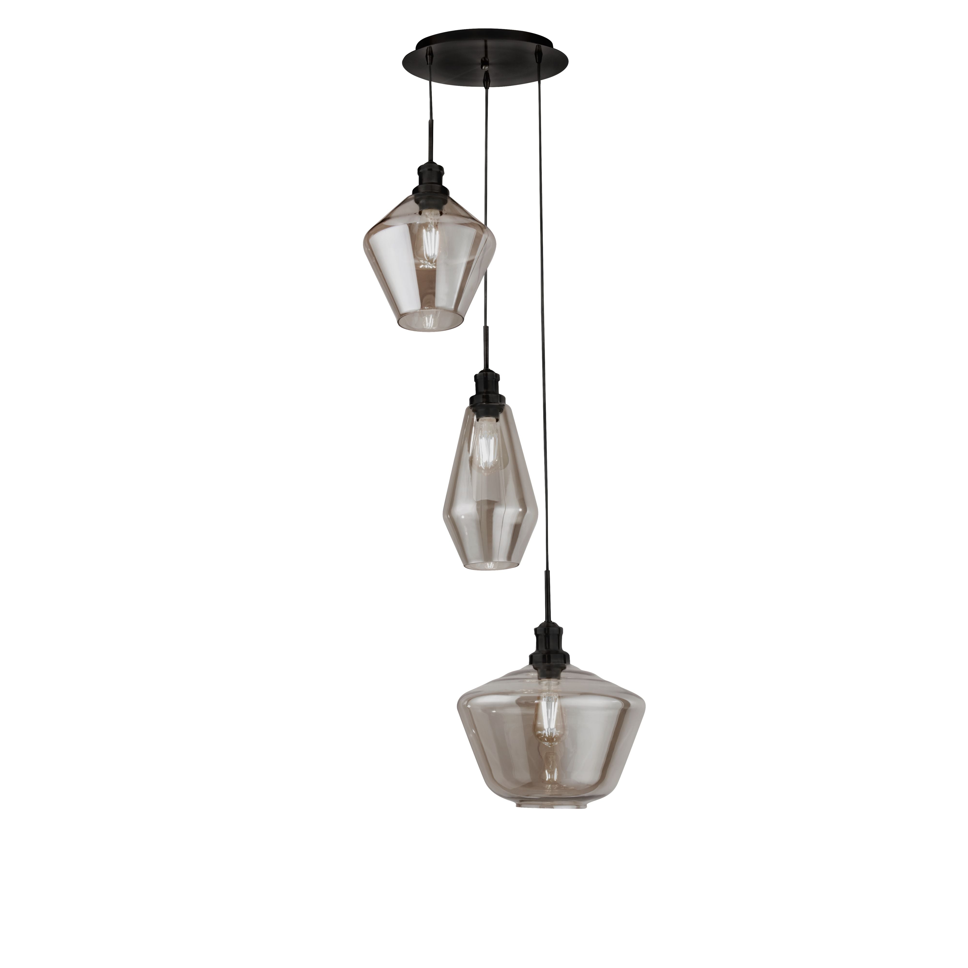 Searchlight Mia 3 light multi drop pendant in black, three graduated smoked glass shades hung at staggered heights from a round black ceiling plate on a white background