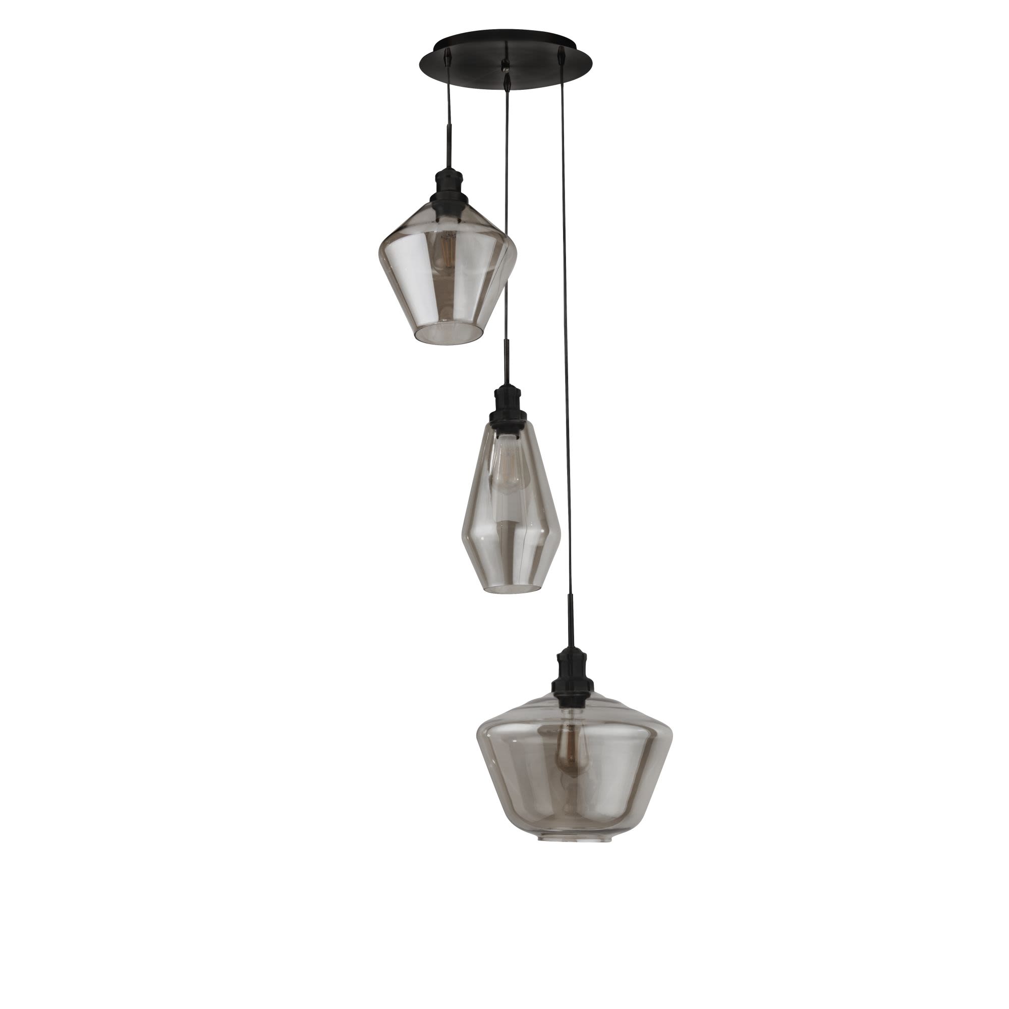 Searchlight Mia 3 light multi drop pendant in black, side angle showing the hexagonal cone, teardrop and bell shaped smoked glass shades