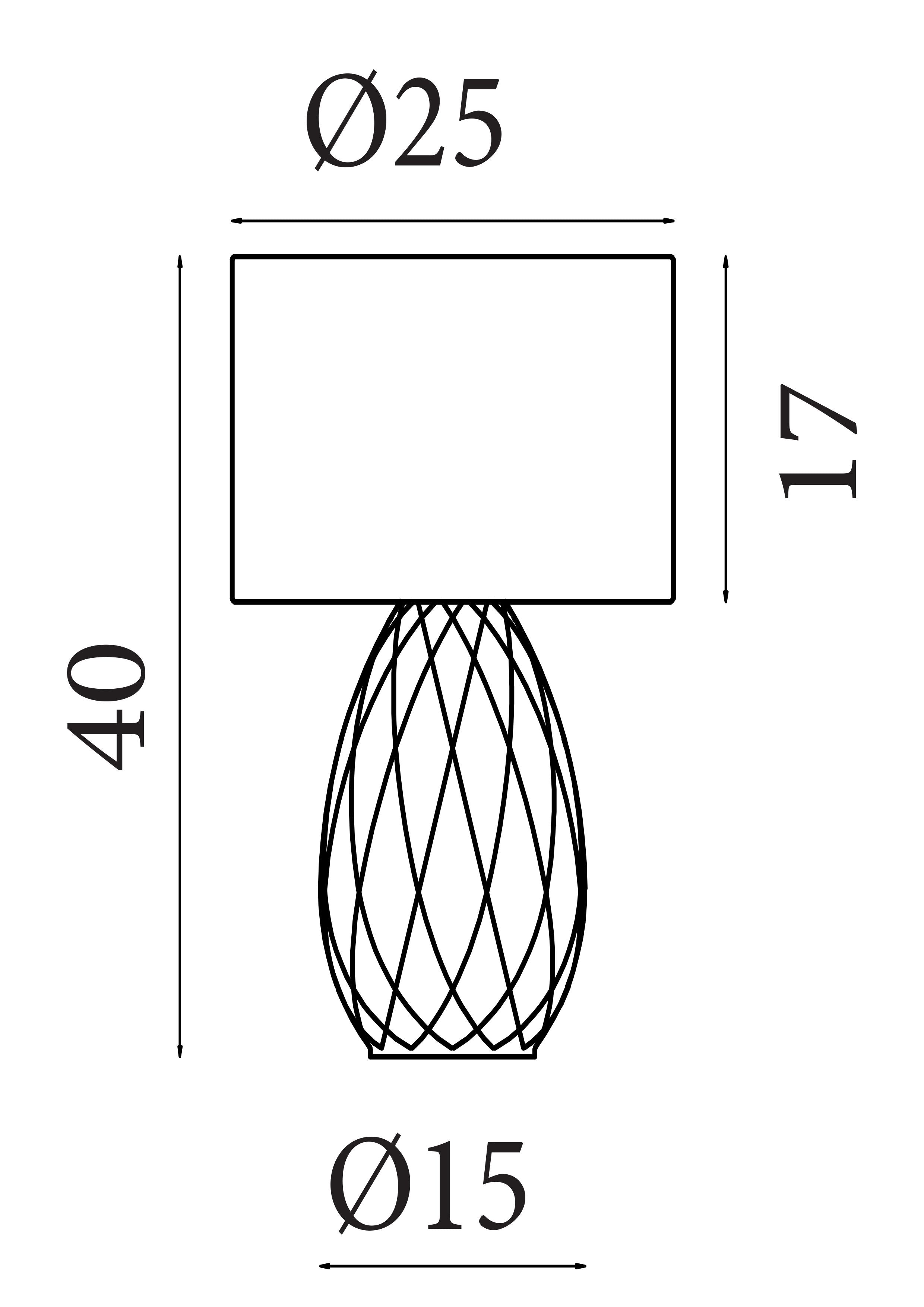 Technical line drawing of the Diane table lamp showing 40cm height, 25cm shade diameter and 15cm base diameter