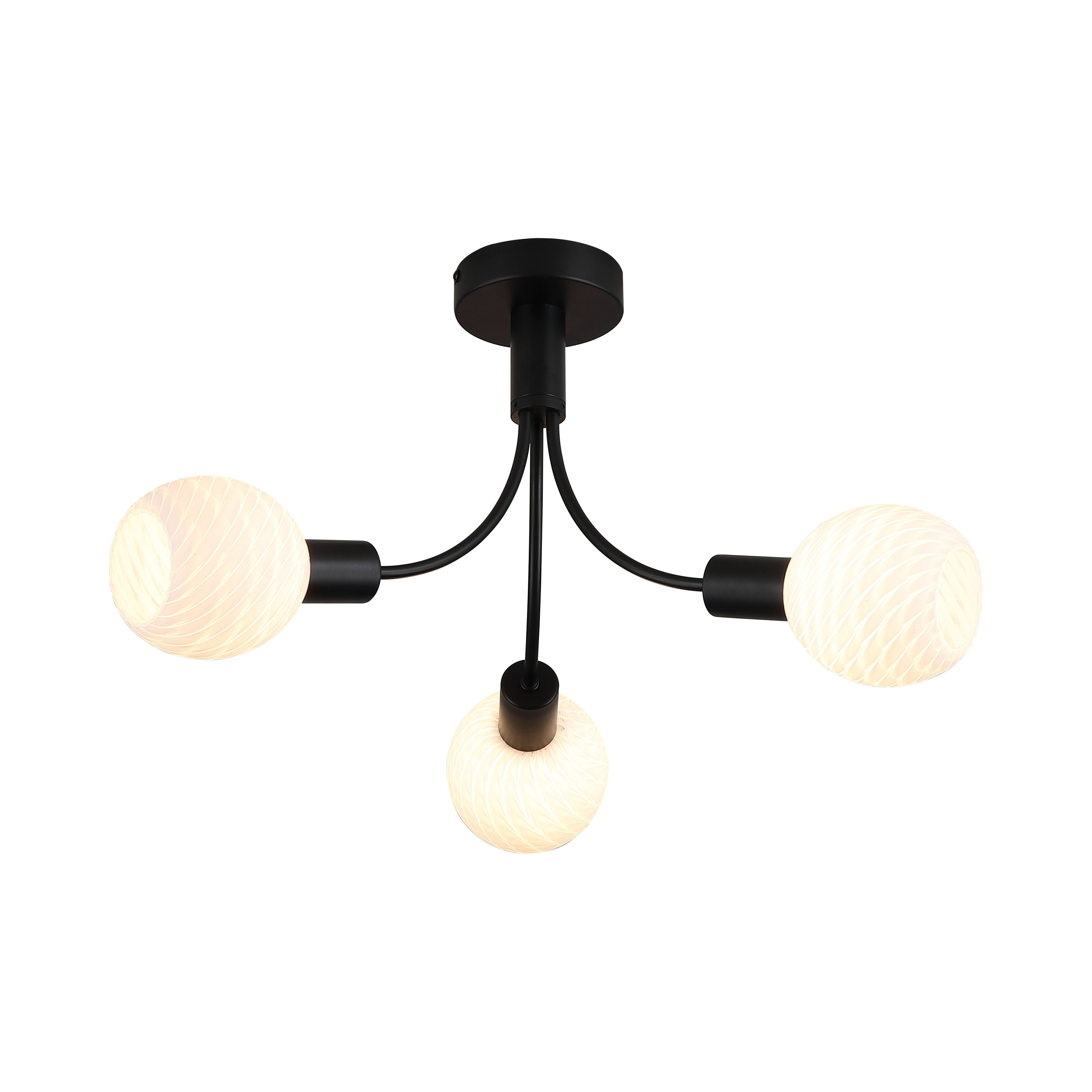 Searchlight Nova 3 Light Ceiling Lamp with curved black arms and spherical spiral textured opal glass shades, studio shot