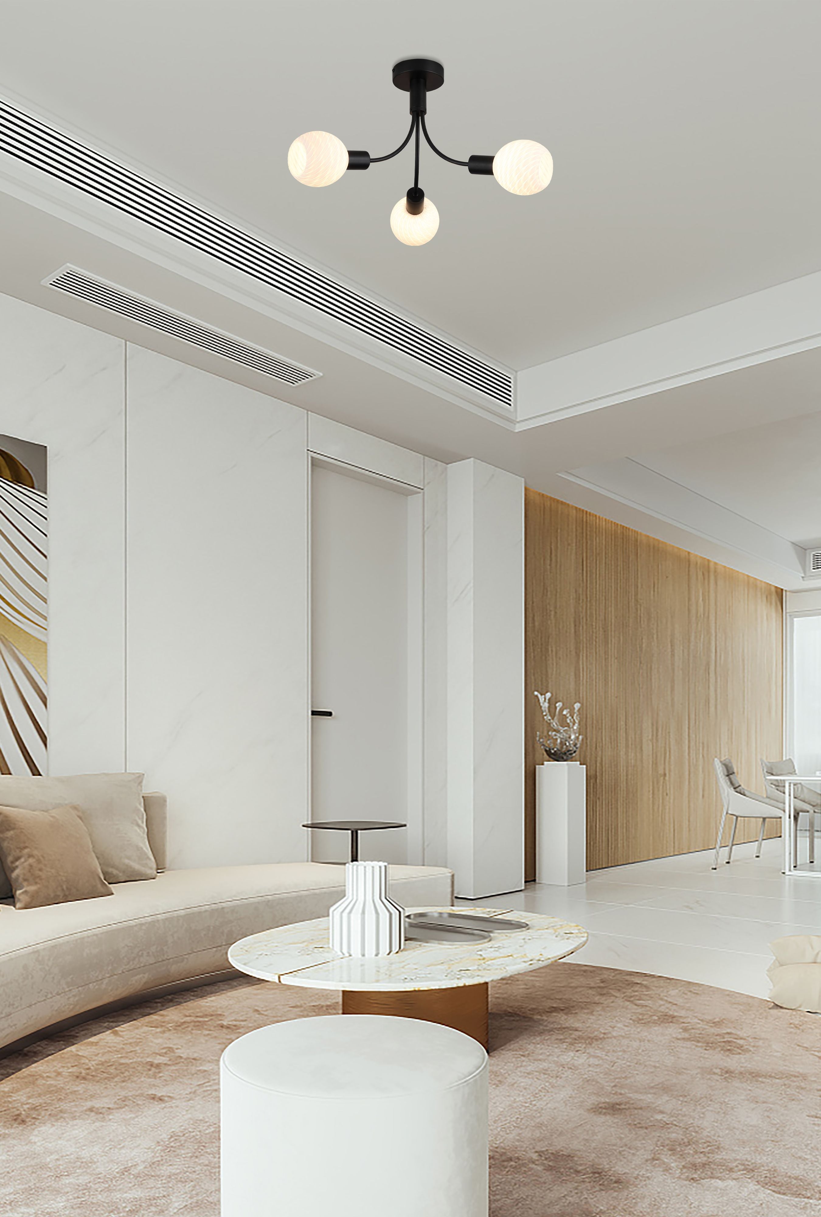Searchlight Nova 3 Light Ceiling Lamp with opal glass shades styled on a living room ceiling above a marble coffee table