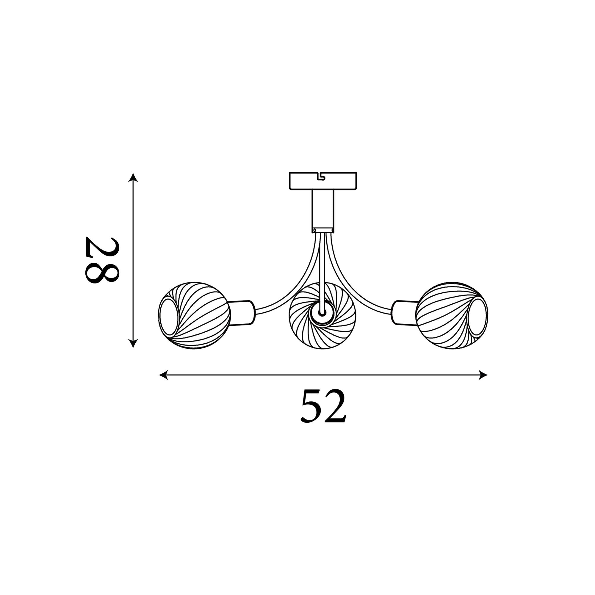 Technical line drawing of the Searchlight Nova 3 Light Ceiling Lamp showing dimensions of 52cm wide by 28cm high