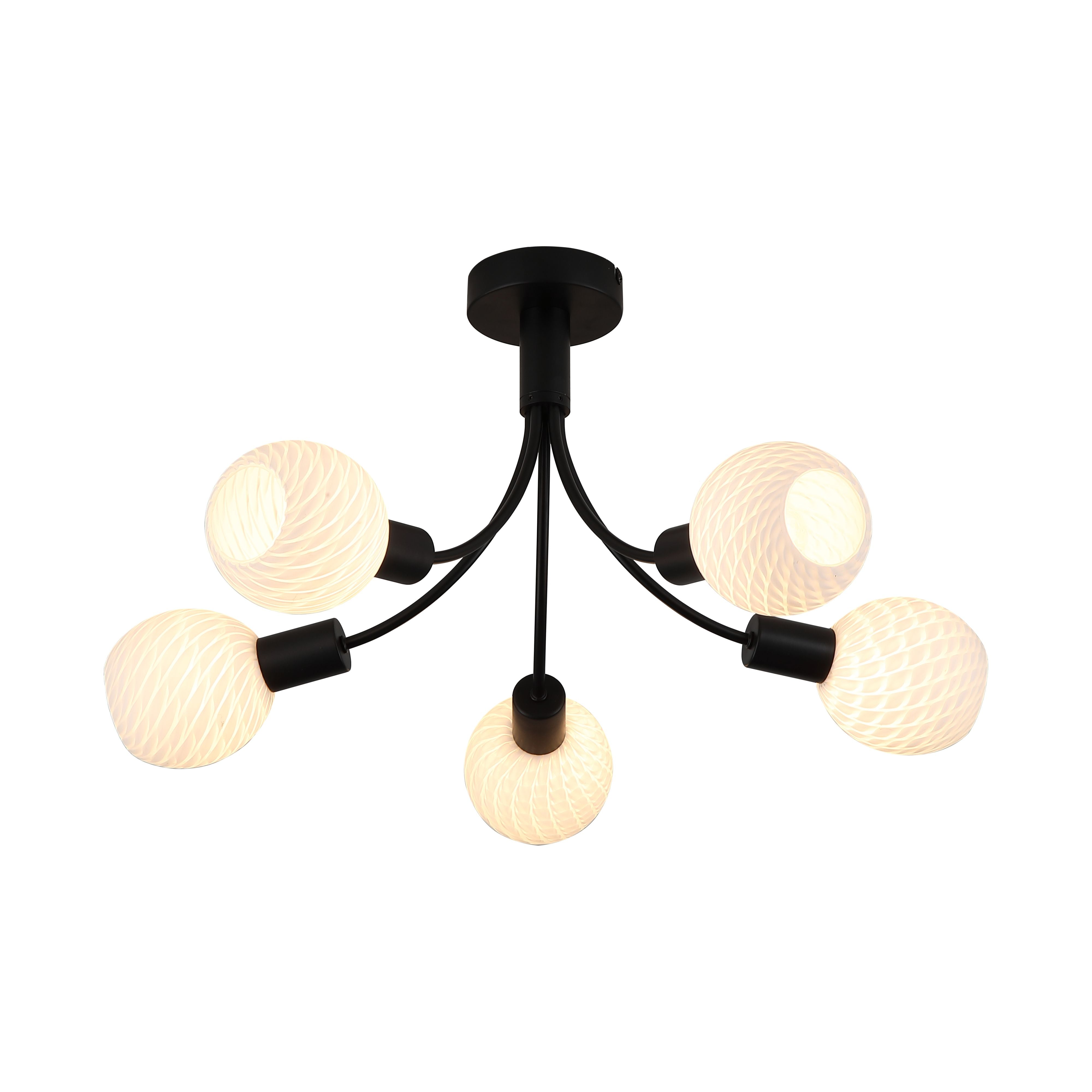 Searchlight Nova 5 light ceiling lamp in black with frosted, spiral textured glass shades, angled studio shot with bulbs lit