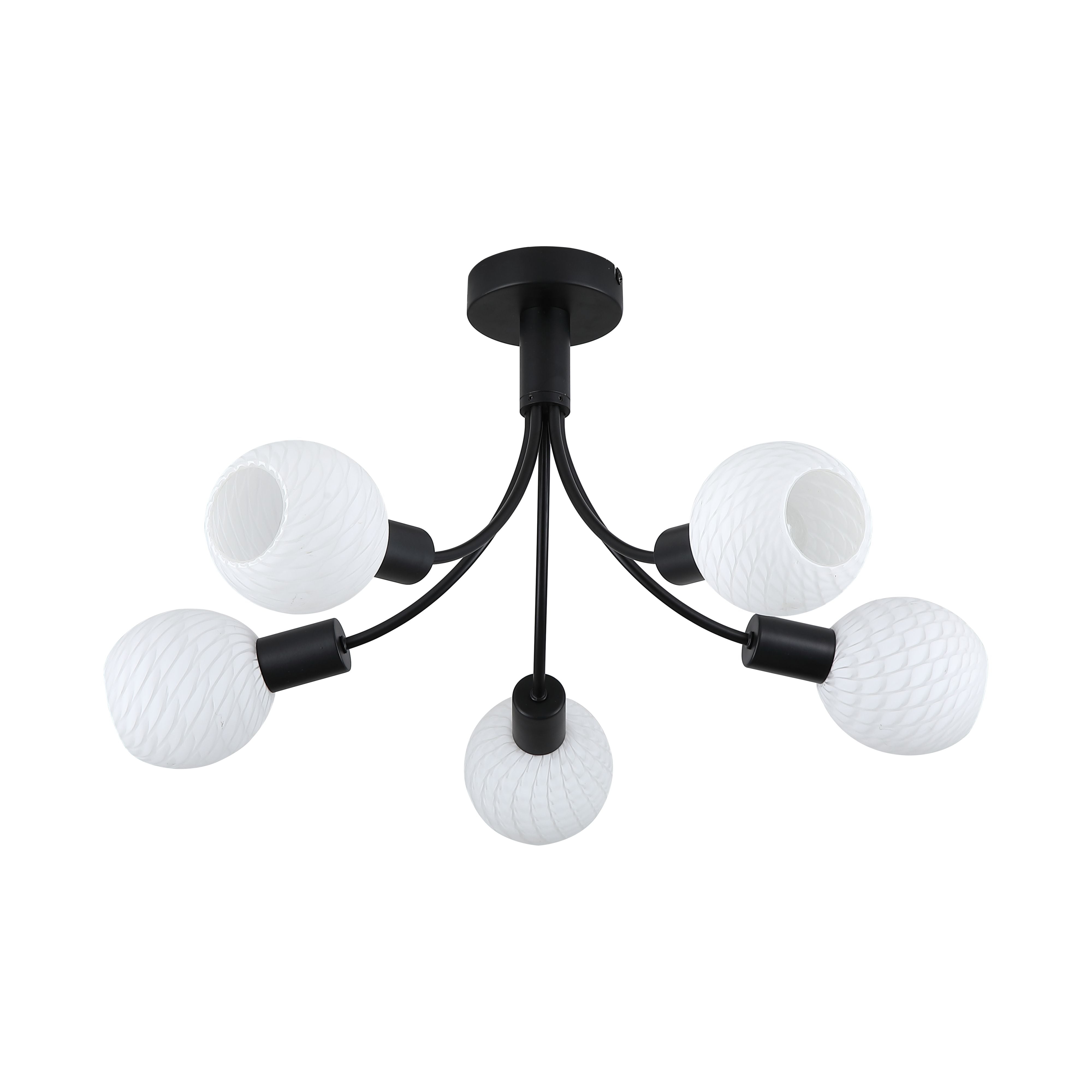 Searchlight Nova 5 light ceiling lamp in black, angled studio shot showing the five frosted glass globes