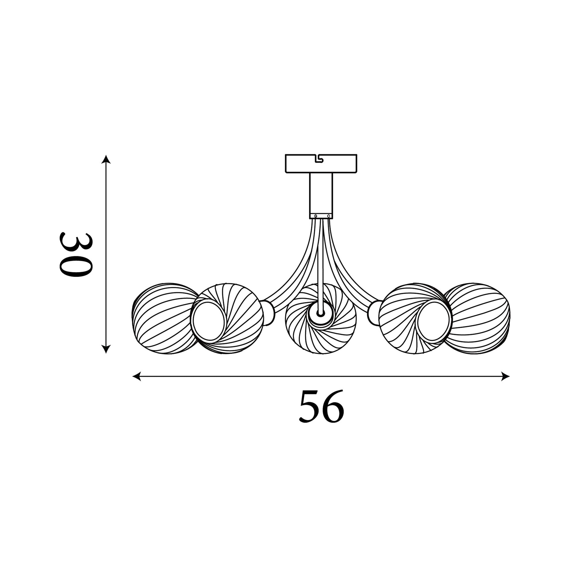 Technical line drawing of the Nova 5 light ceiling lamp showing dimensions of 30cm height and 56cm width