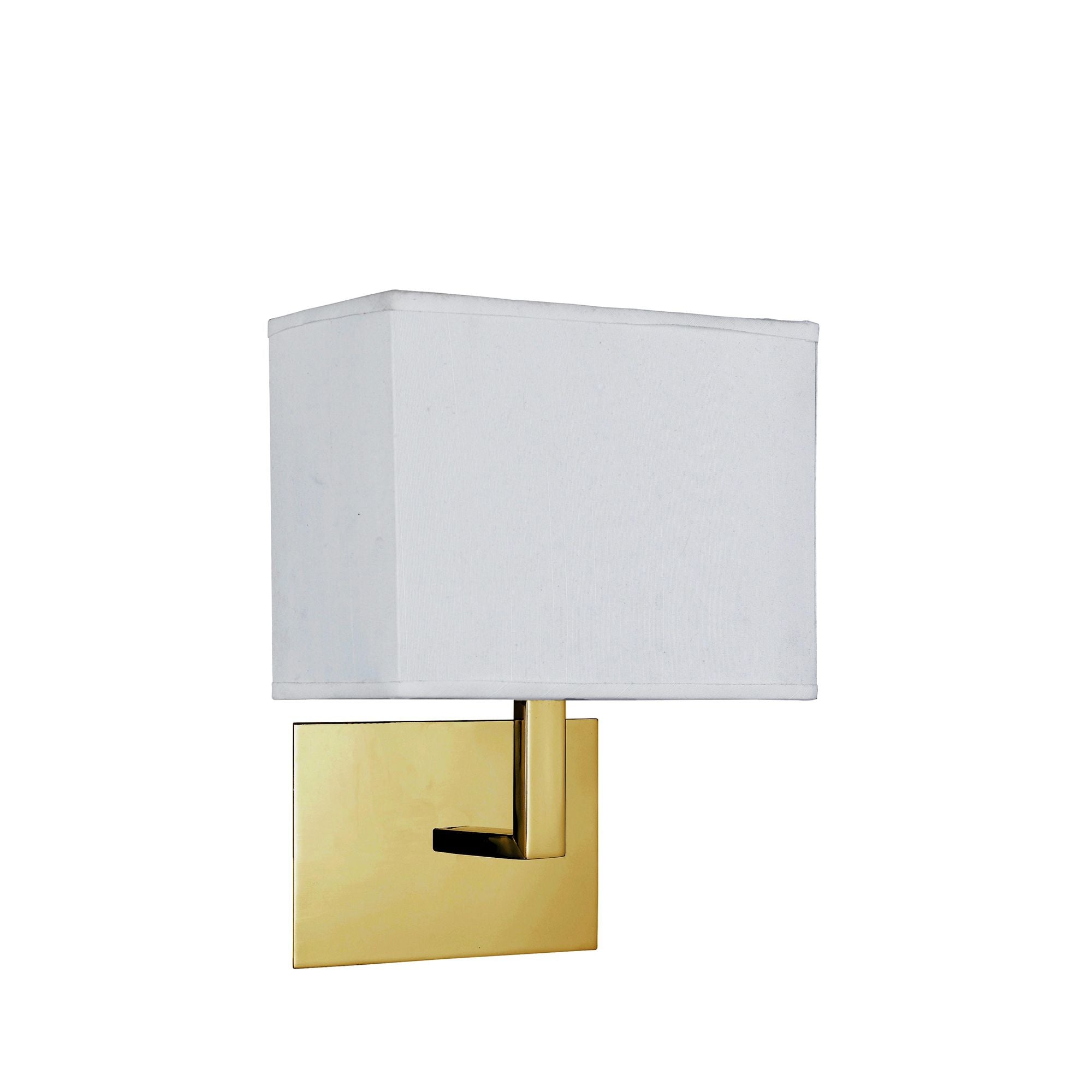 Searchlight Hotel Wall Light in satin brass, three quarter angle showing the fabric shade and wall plate
