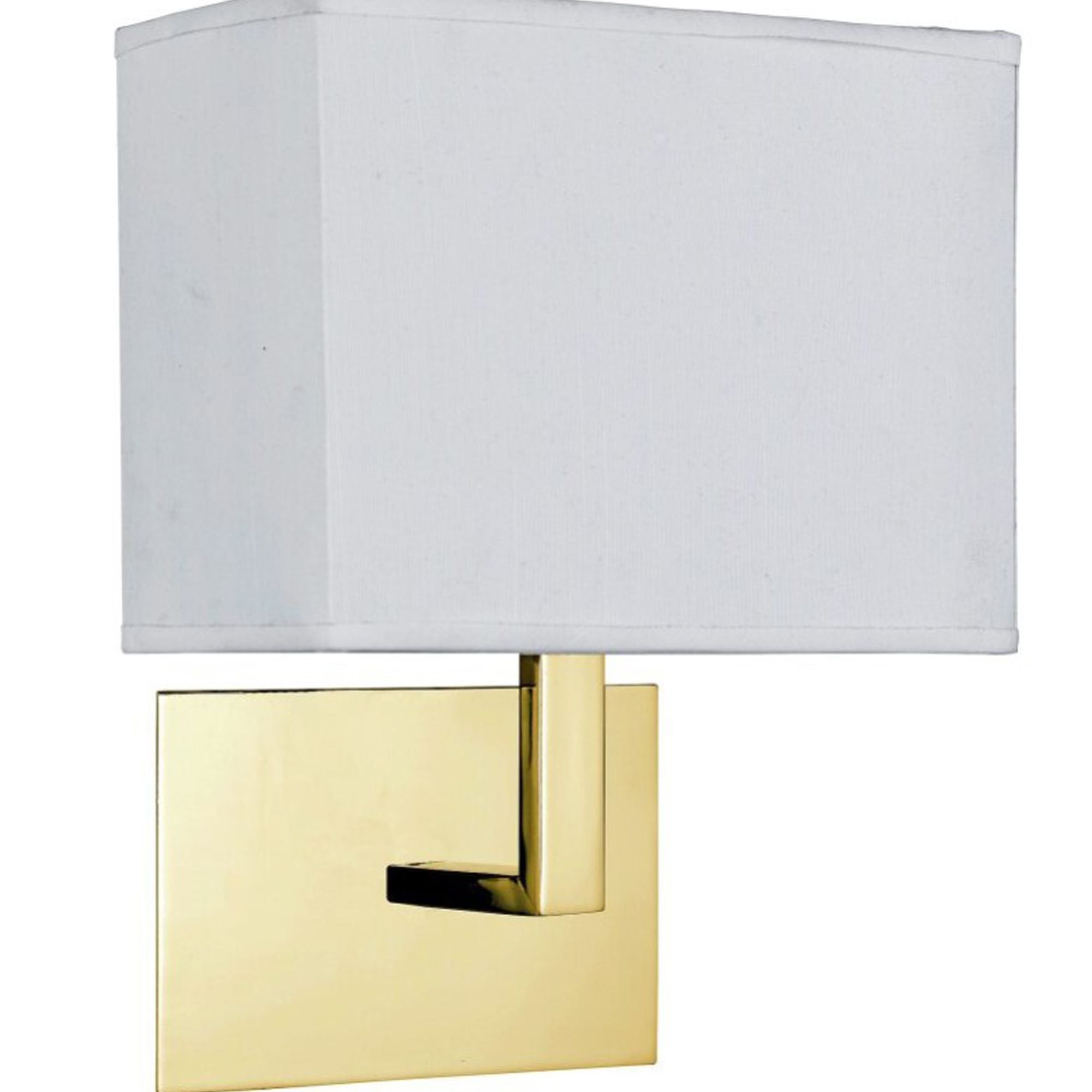 Close up of the white fabric shade and satin brass wall plate on the Hotel wall light