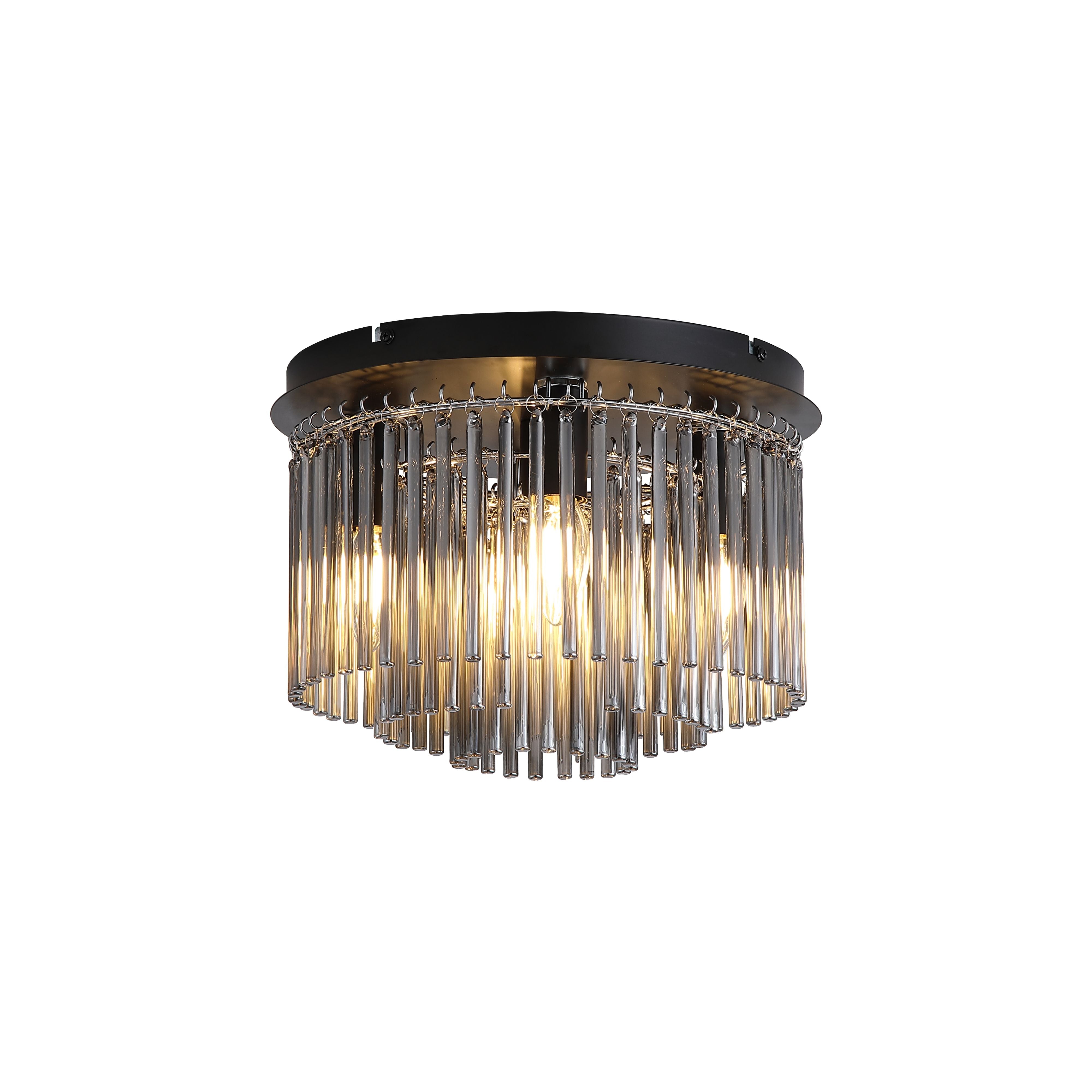 Searchlight Swizzle 5 Light Flush in matt black with cascading smoked glass rods, lit studio shot on a white background
