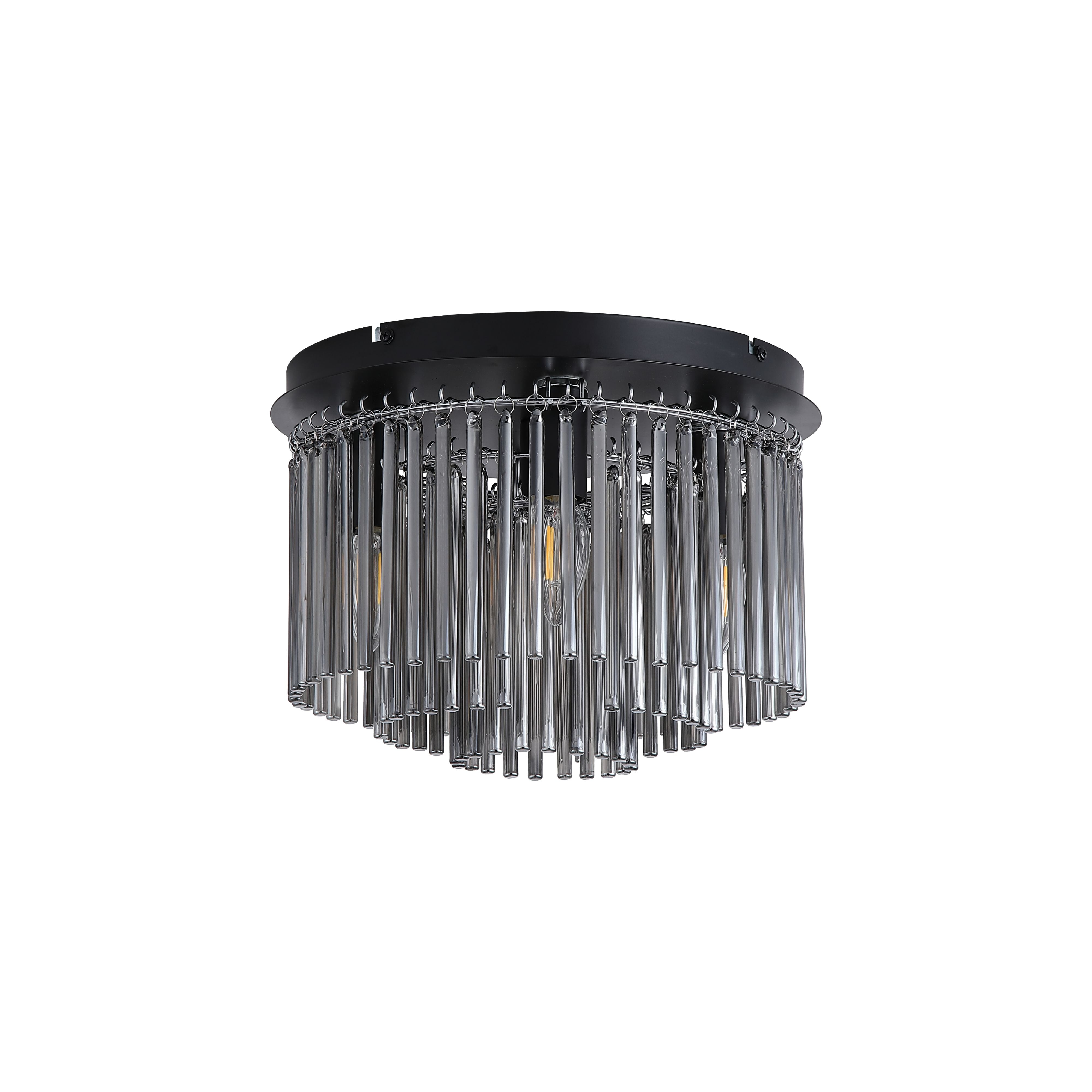 Searchlight Swizzle 5 Light Flush in matt black with cascading smoked glass rods, lit studio shot on a white background - view 2