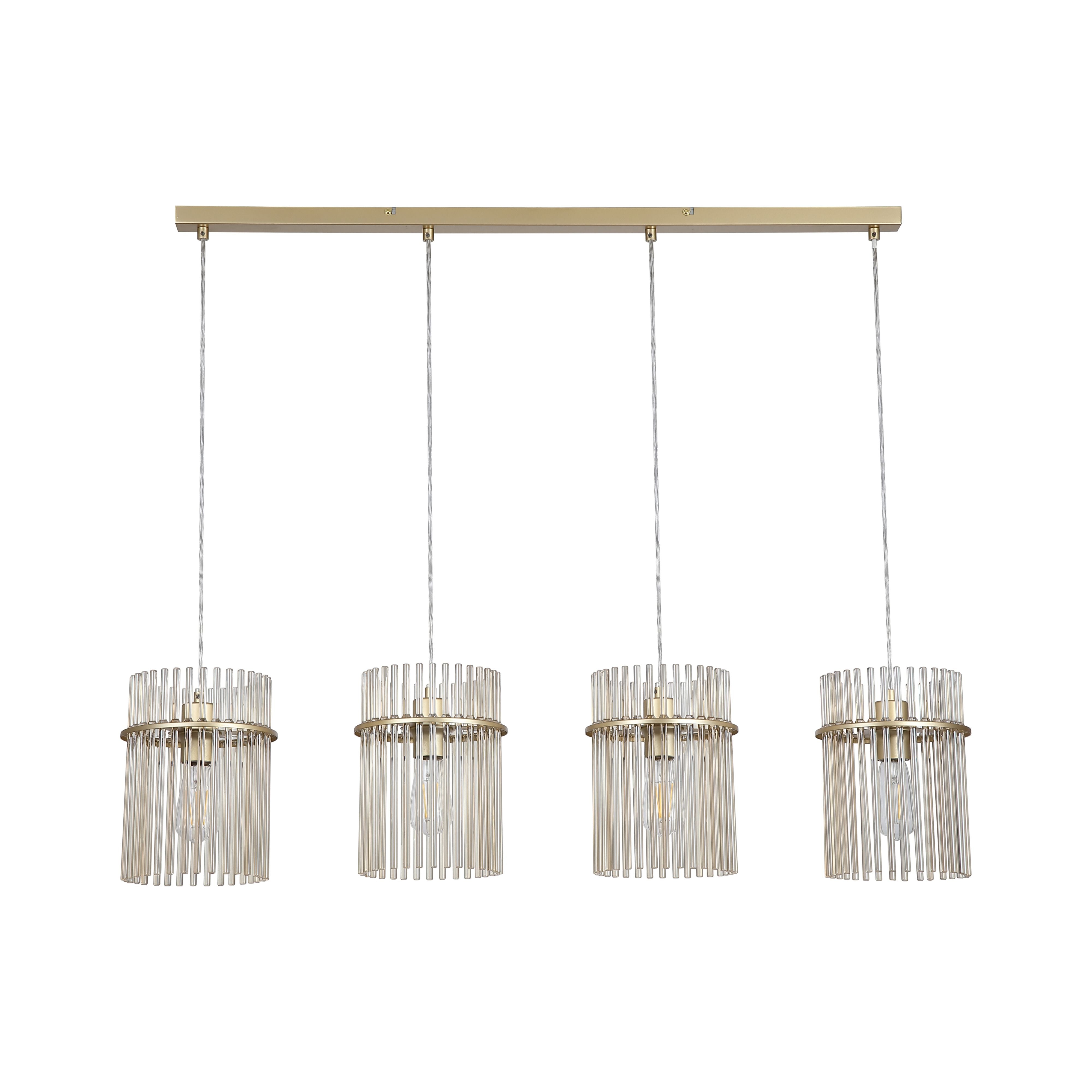 Searchlight Swizzle 4 light bar pendant in gold with champagne glass rods, straight on studio view showing all four shades