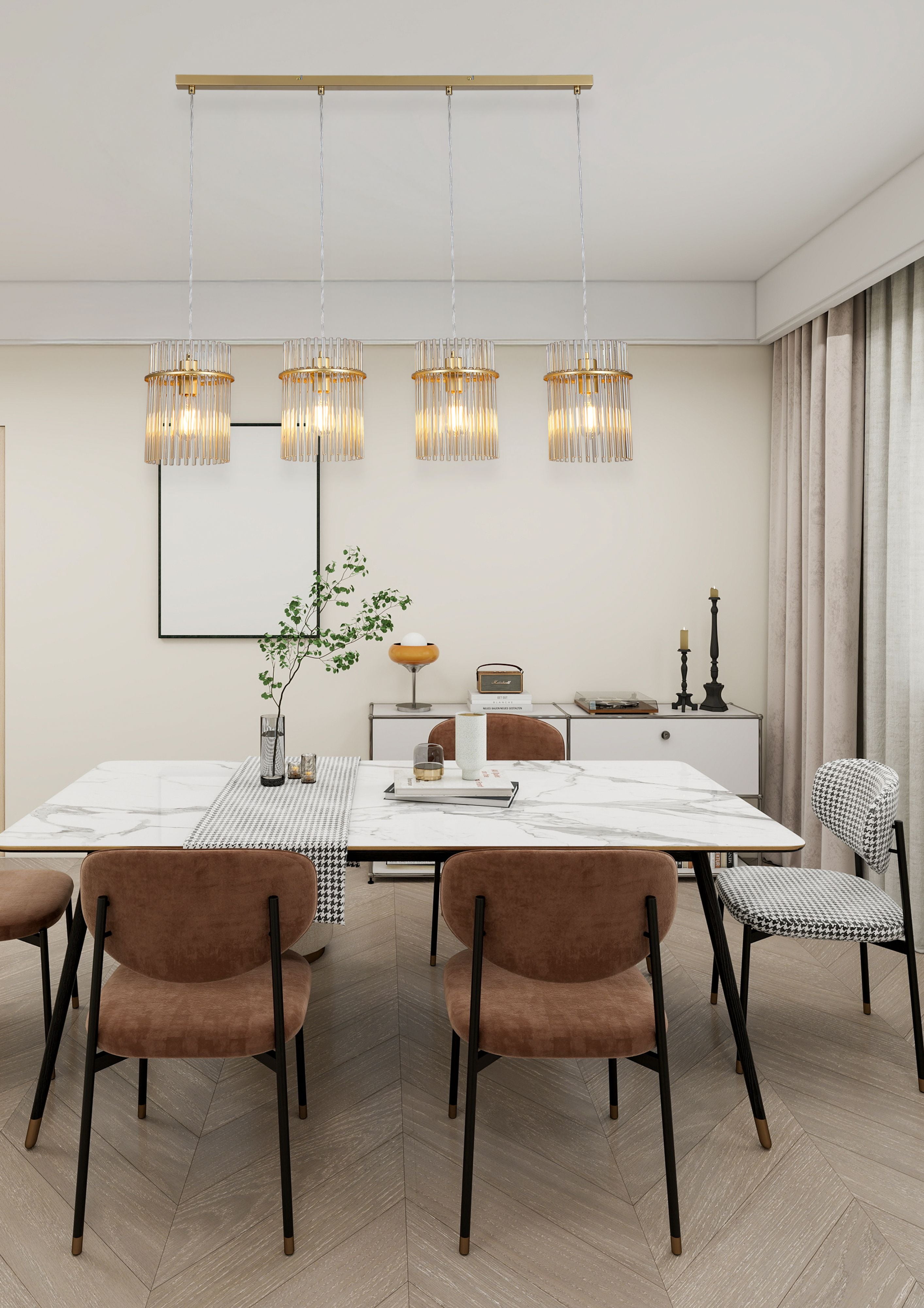 Searchlight Swizzle 4 light bar pendant in gold styled above a marble dining table with pink and houndstooth chairs