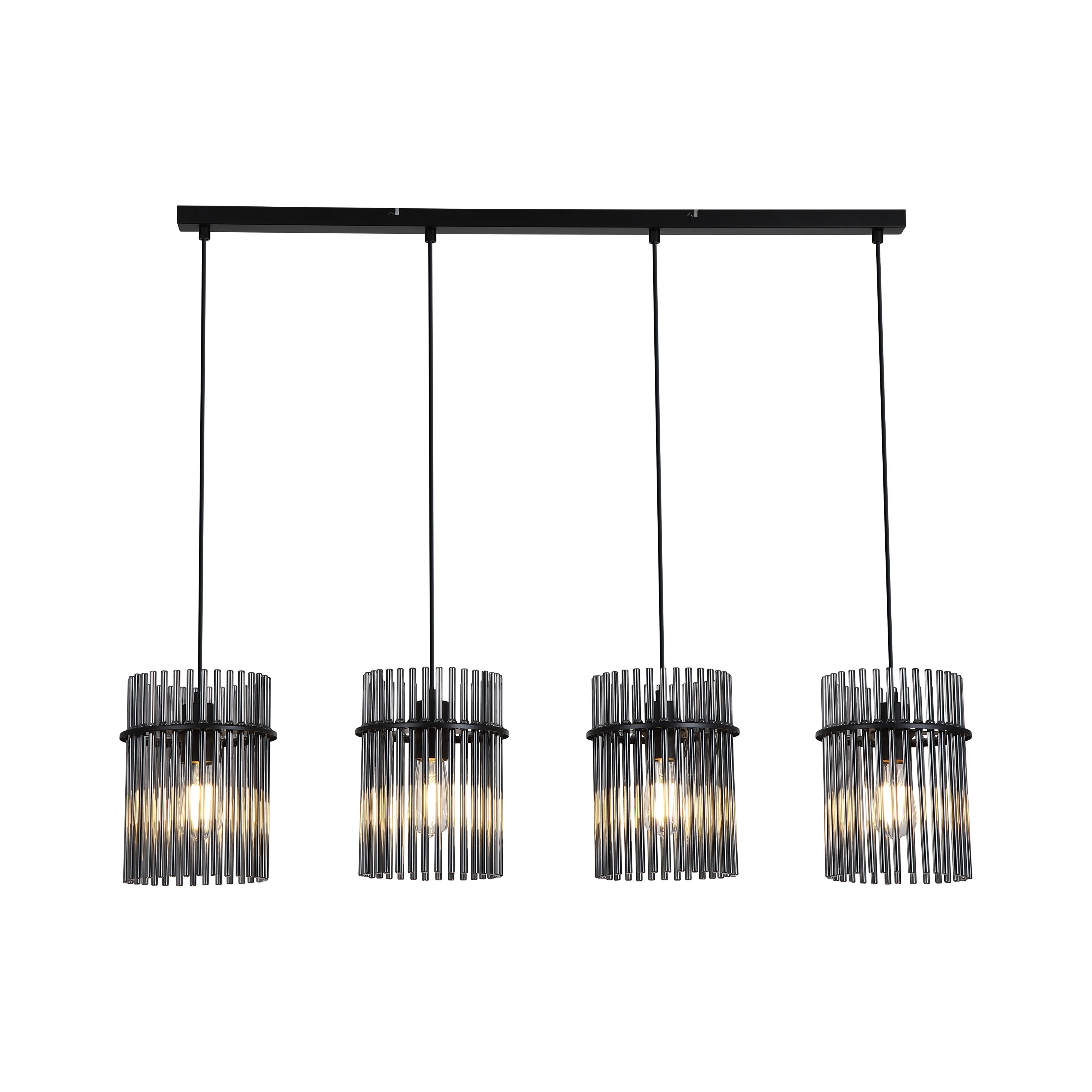 Searchlight Swizzle 4 Light Bar Pendant in matt black with smoked glass rod shades, lit studio shot on a white background