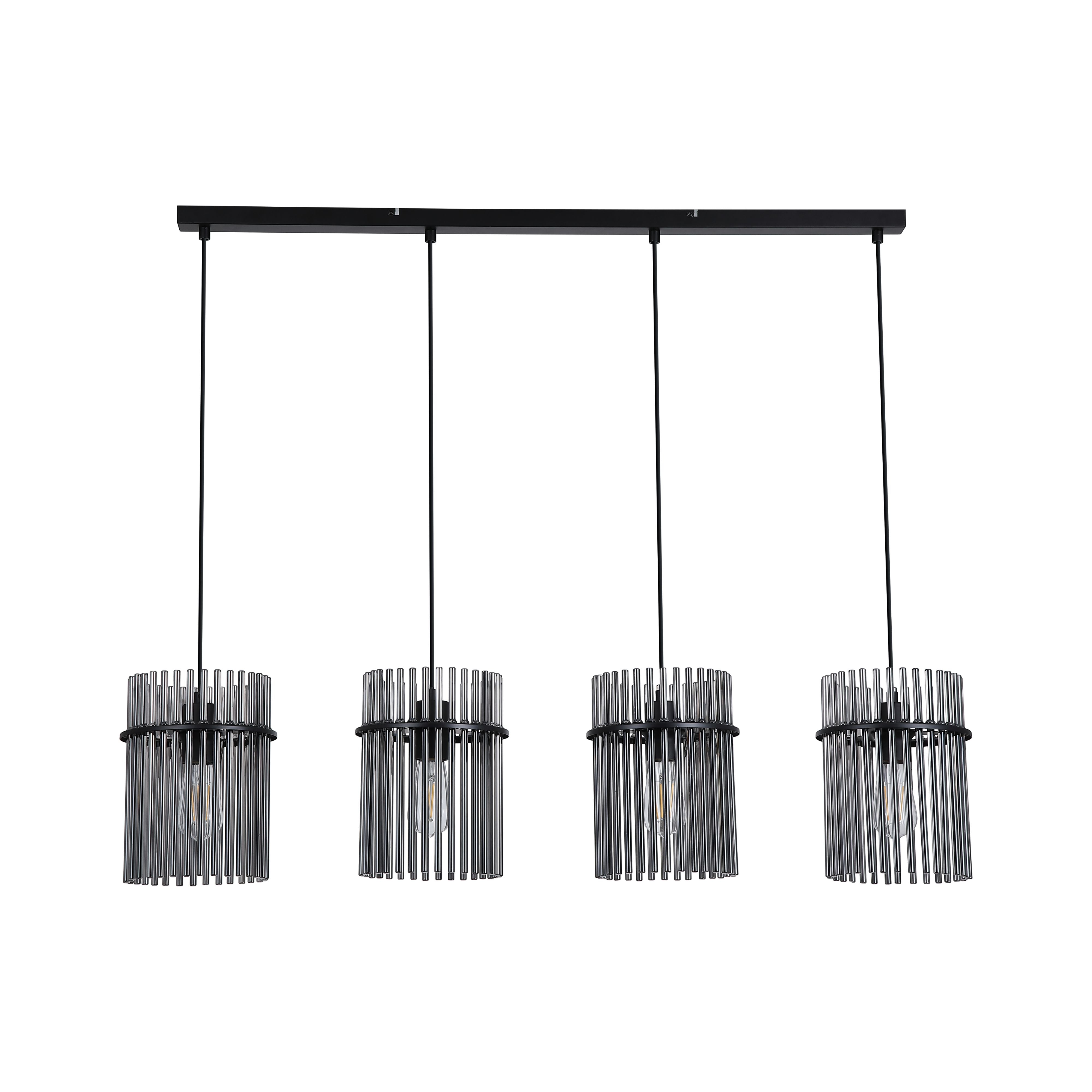 Searchlight Swizzle 4 Light Bar Pendant in matt black with smoked glass rod shades, lit studio shot on a white background - view 2
