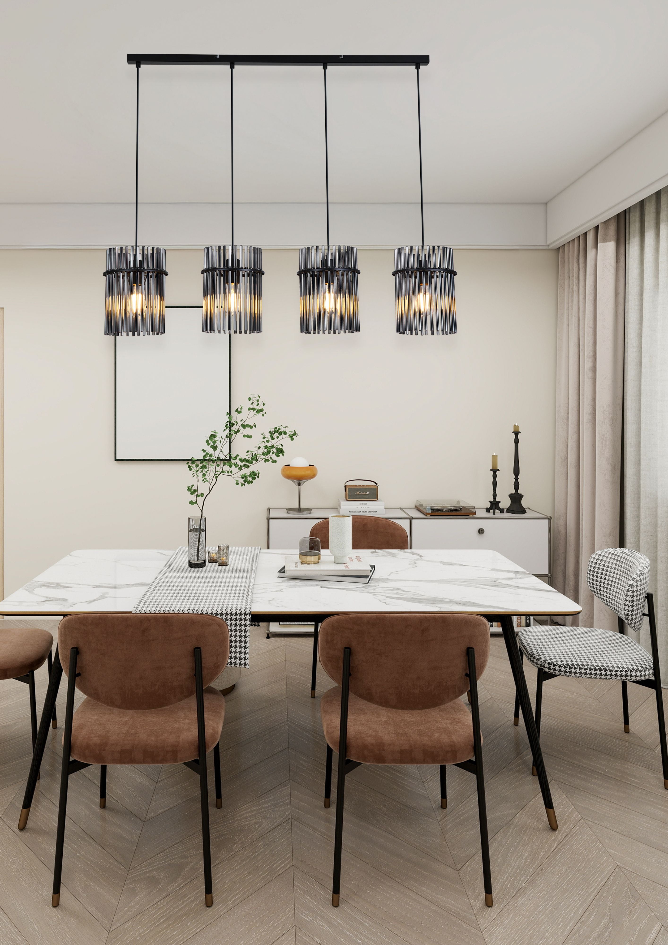 Four Searchlight Swizzle Bar Pendant shades in matt black hanging above a marble dining table with houndstooth and velvet chairs