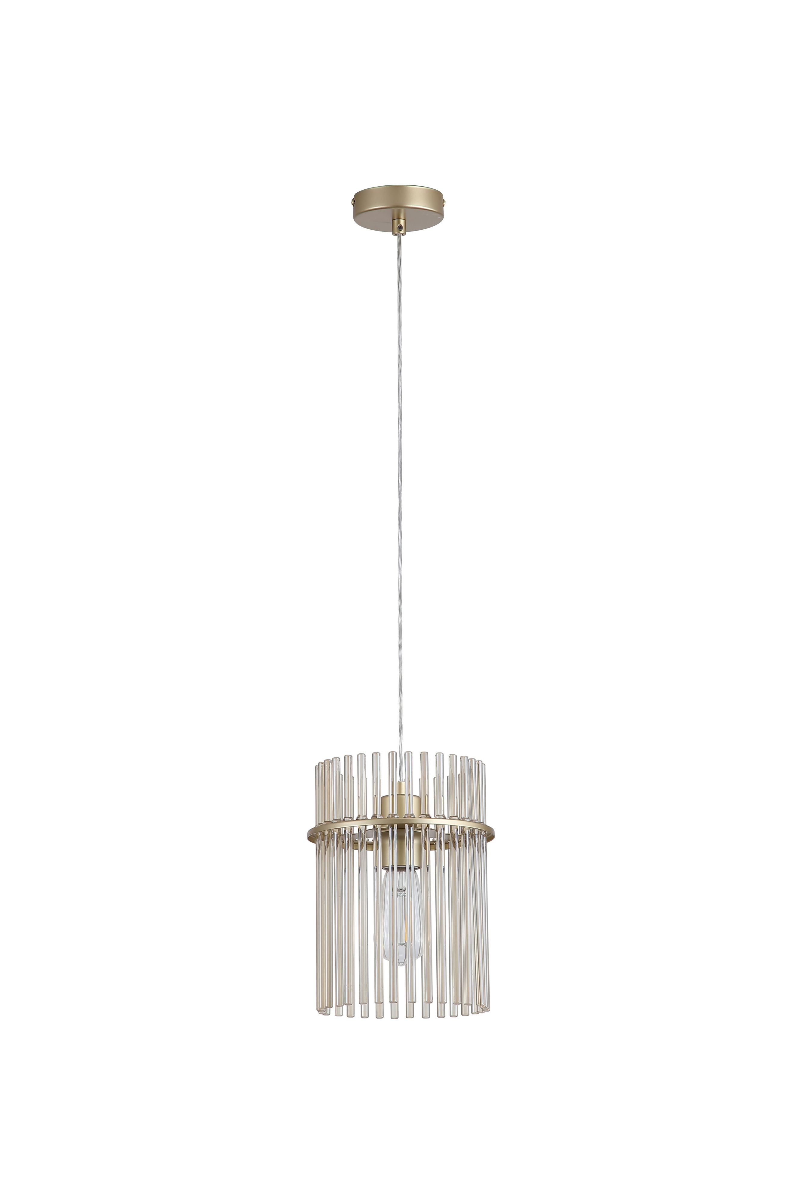 Searchlight Swizzle 20cm gold pendant light with champagne tinted glass rods, studio shot on a plain white background with the bulb lit