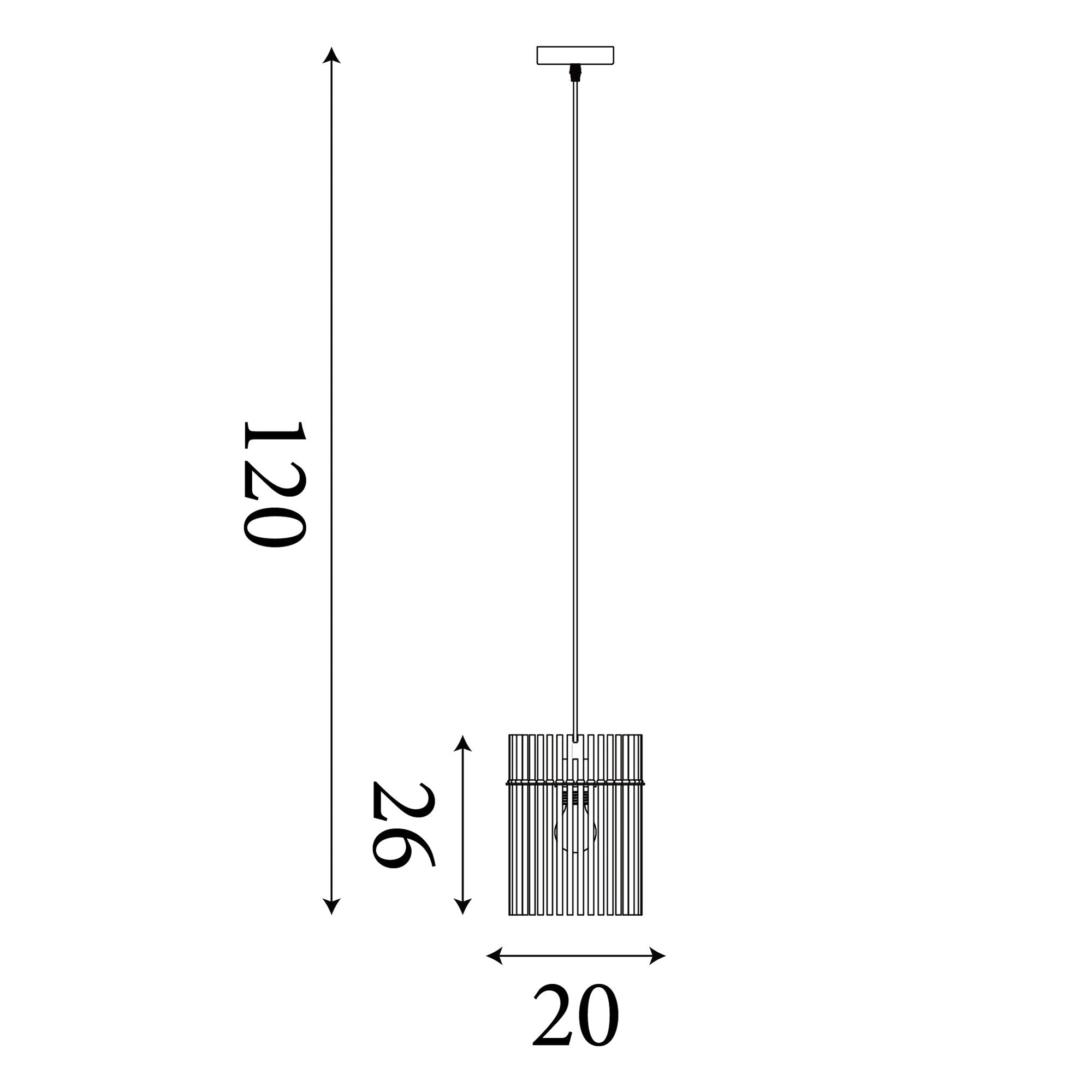 Technical line drawing of the Swizzle 20cm pendant showing a 20cm wide shade, 26cm shade height and 120cm maximum drop