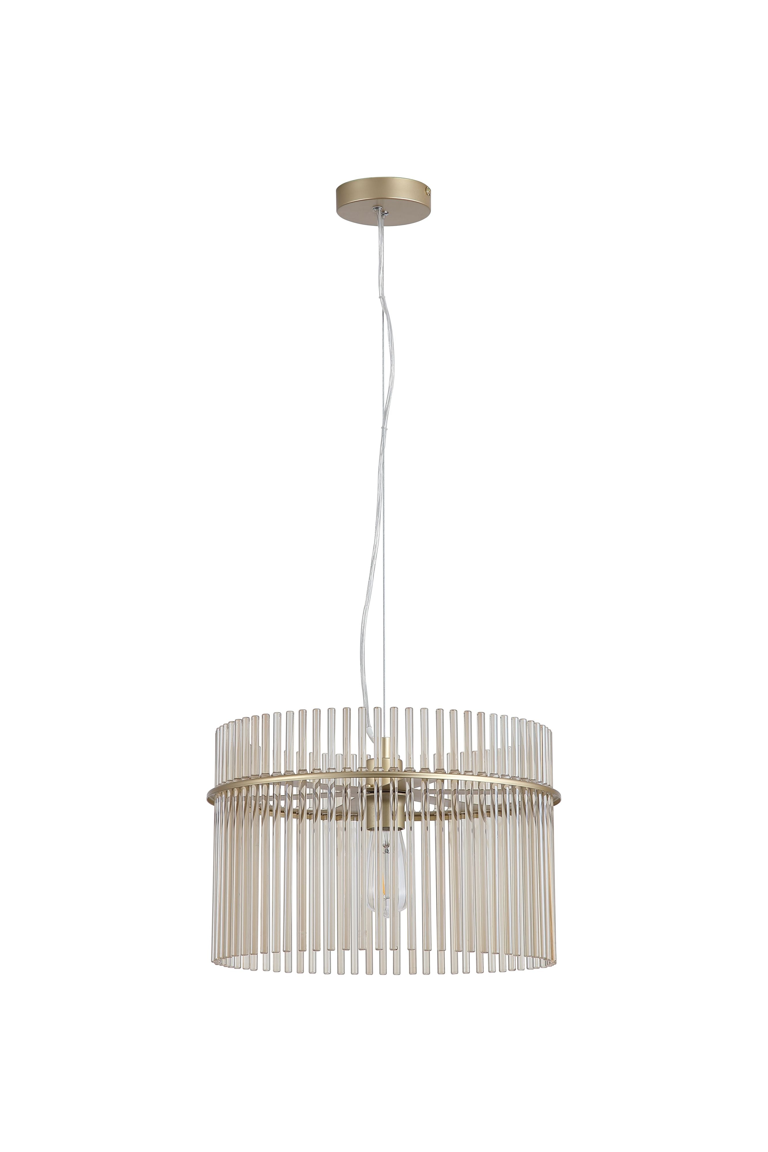 Searchlight Swizzle 40cm gold pendant light with champagne tinted glass rods, studio shot on a plain white background with the bulb lit
