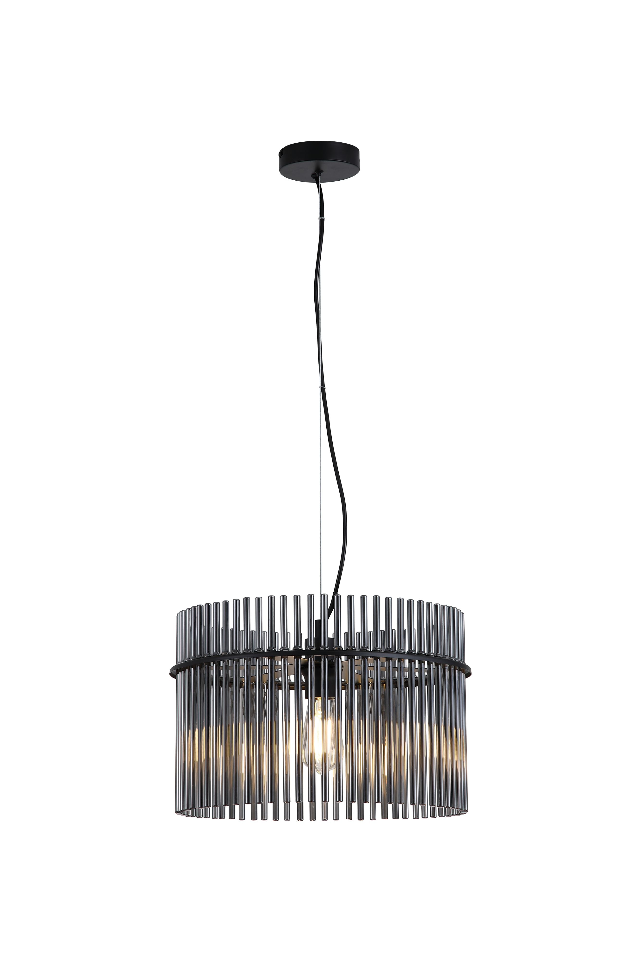 Searchlight Swizzle 40cm pendant in matt black with smoked glass rods, studio shot on a plain white background