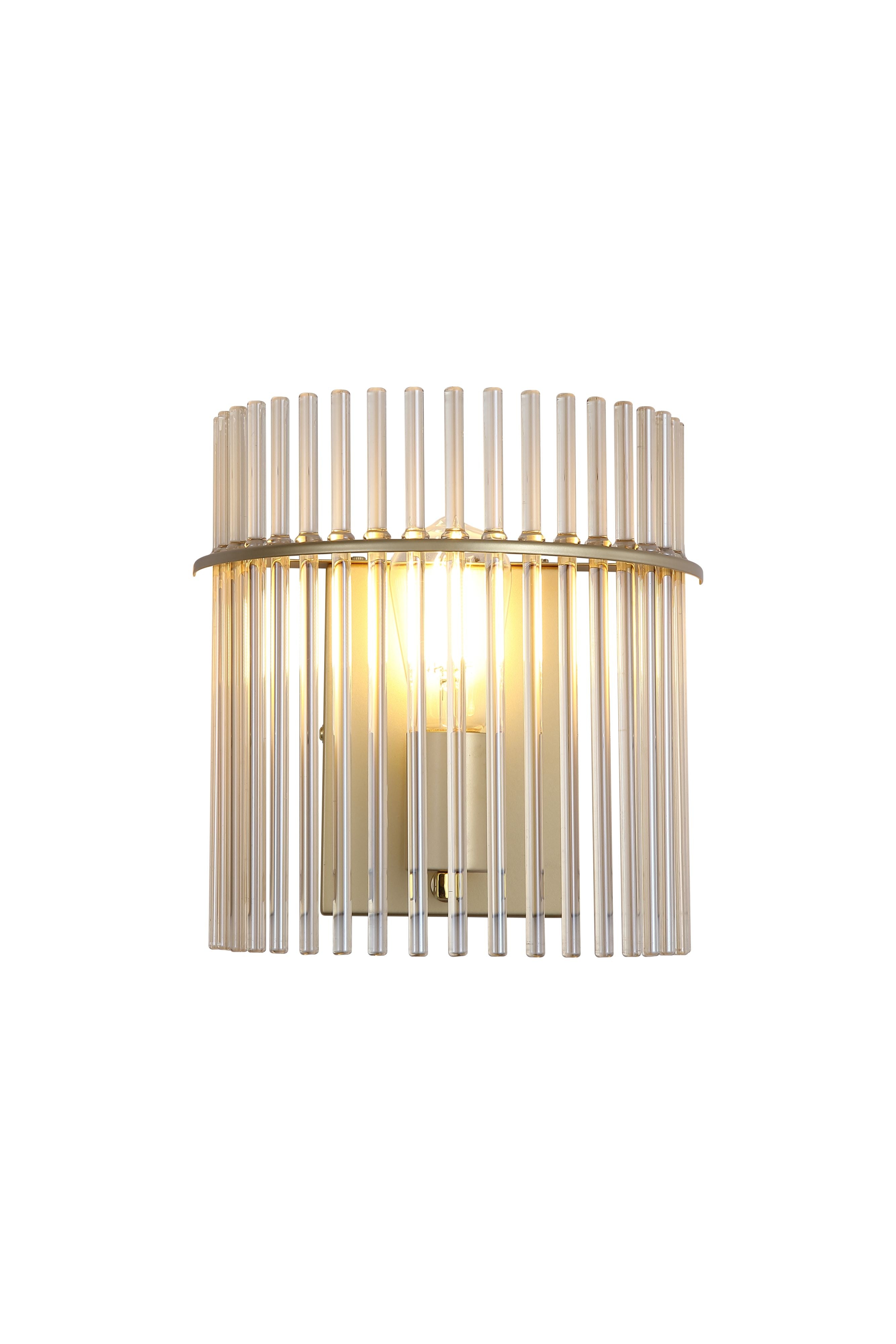 Searchlight Swizzle gold wall light with champagne tinted glass rods, straight on studio shot with the bulb lit