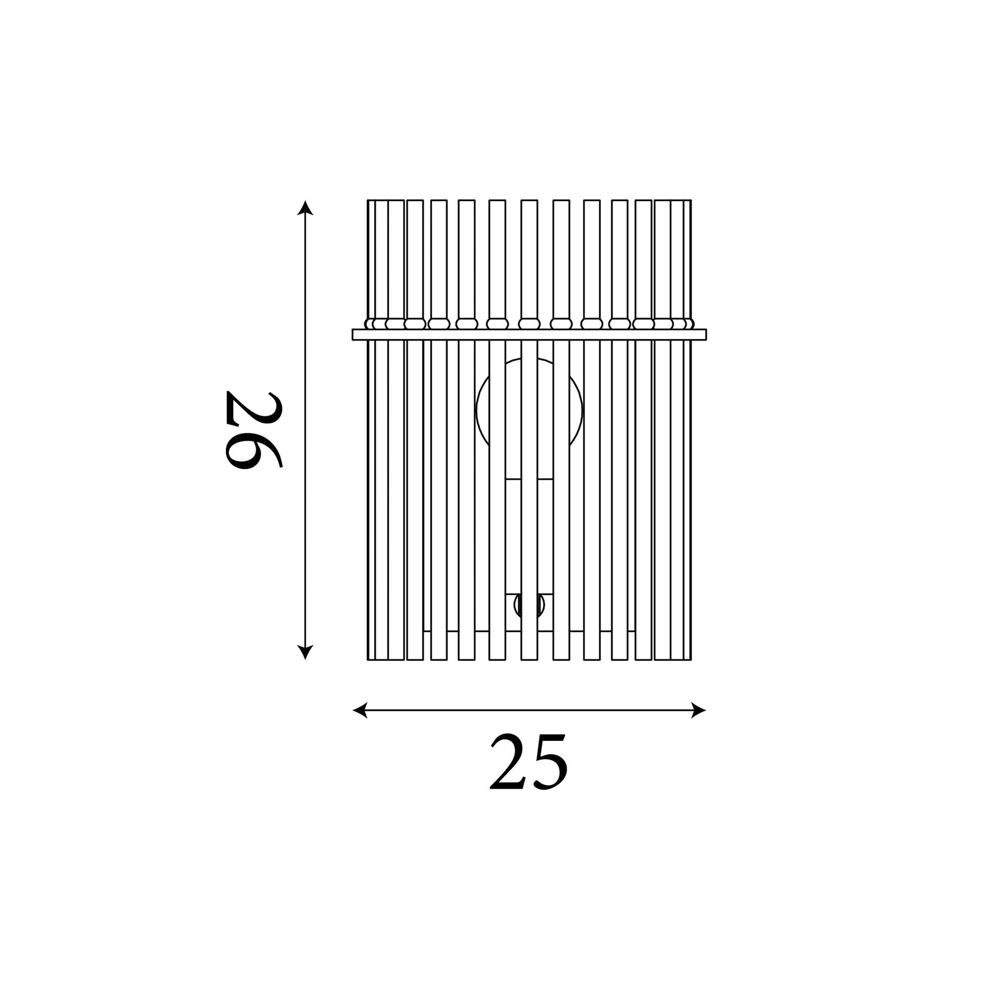 Technical line drawing of the Swizzle wall light showing 26cm height and 25cm width