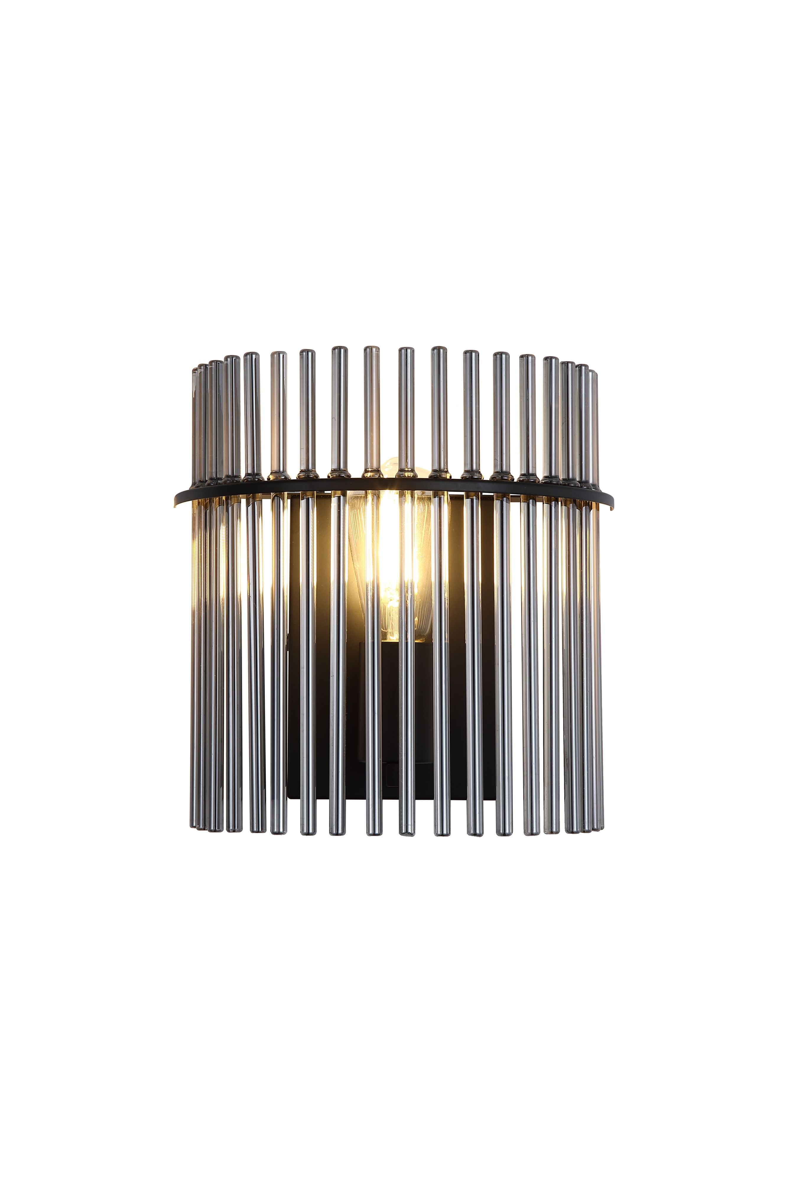 Searchlight Swizzle wall light in matt black with smoked glass rods, front on studio shot with the bulb lit