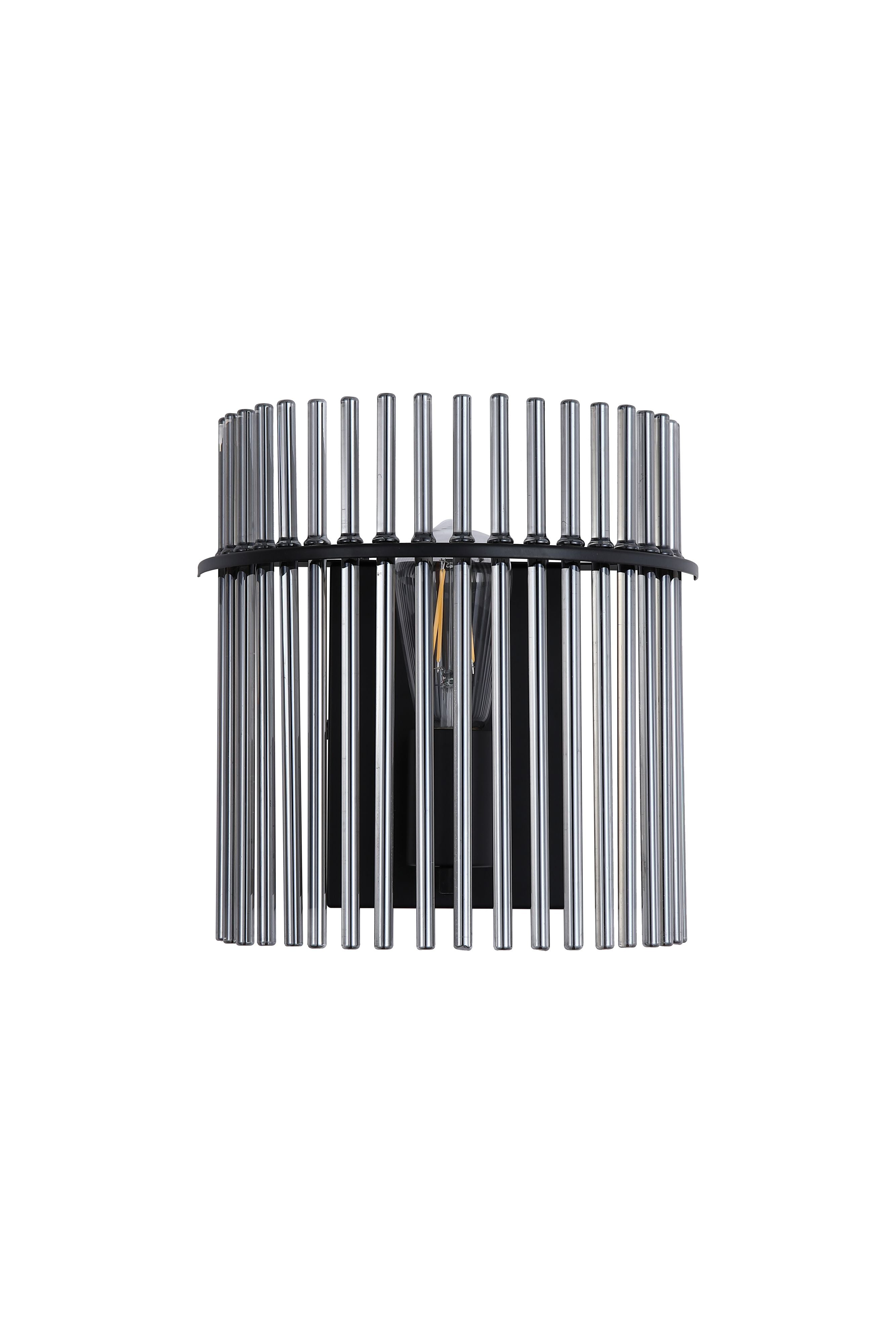 Searchlight Swizzle wall light in matt black with smoked glass rods, studio shot showing the black backplate and rod shade