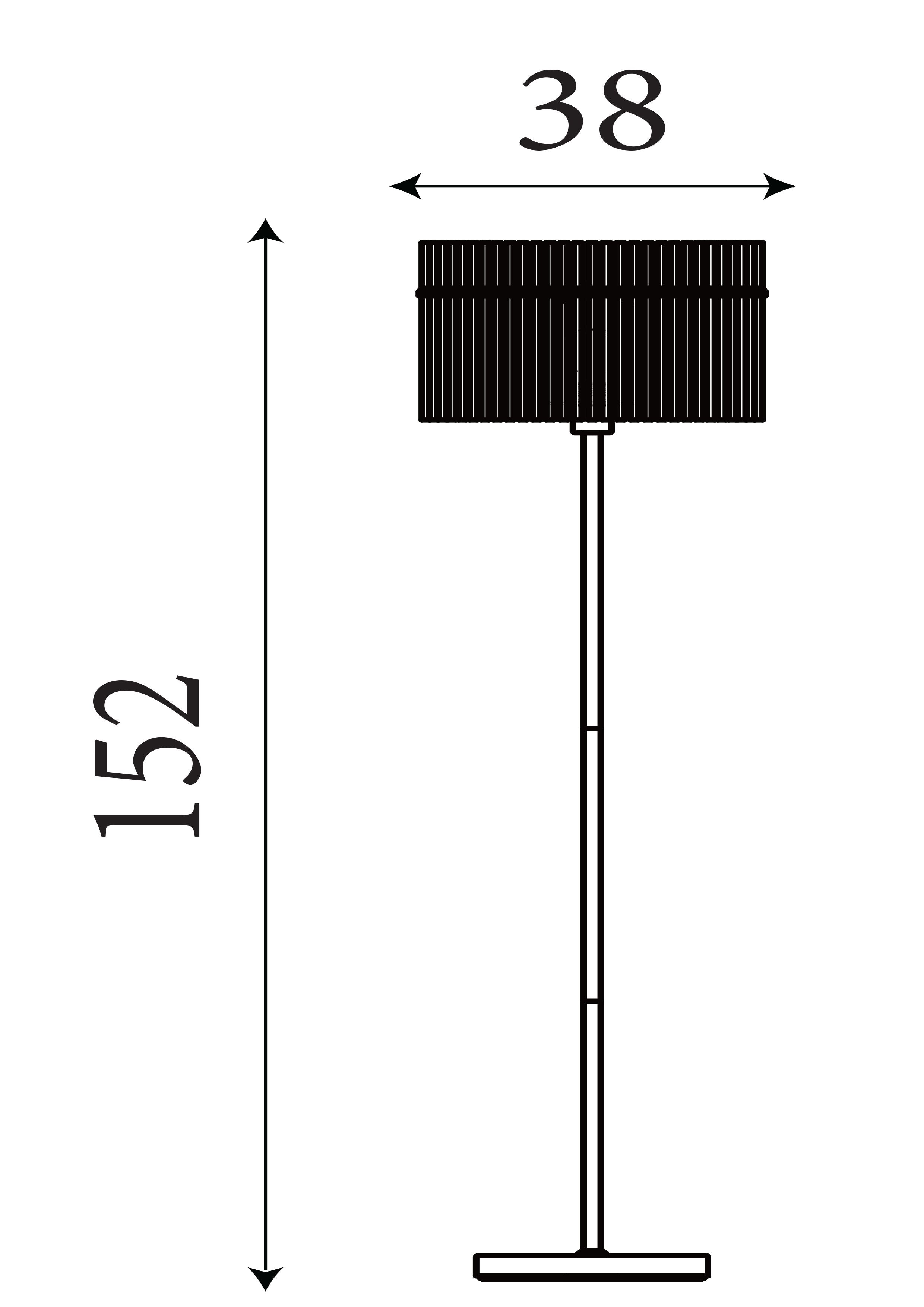 Technical line drawing of the Swizzle floor lamp showing a height of 152cm and shade width of 38cm