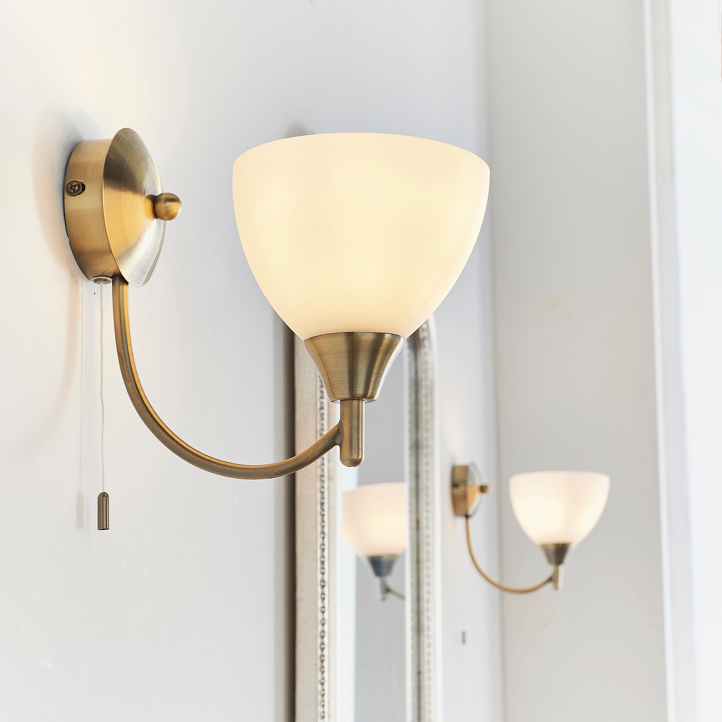 Endon Alton Single Light Wall Light - Antique Brass Plate & Matt Opal Glass
