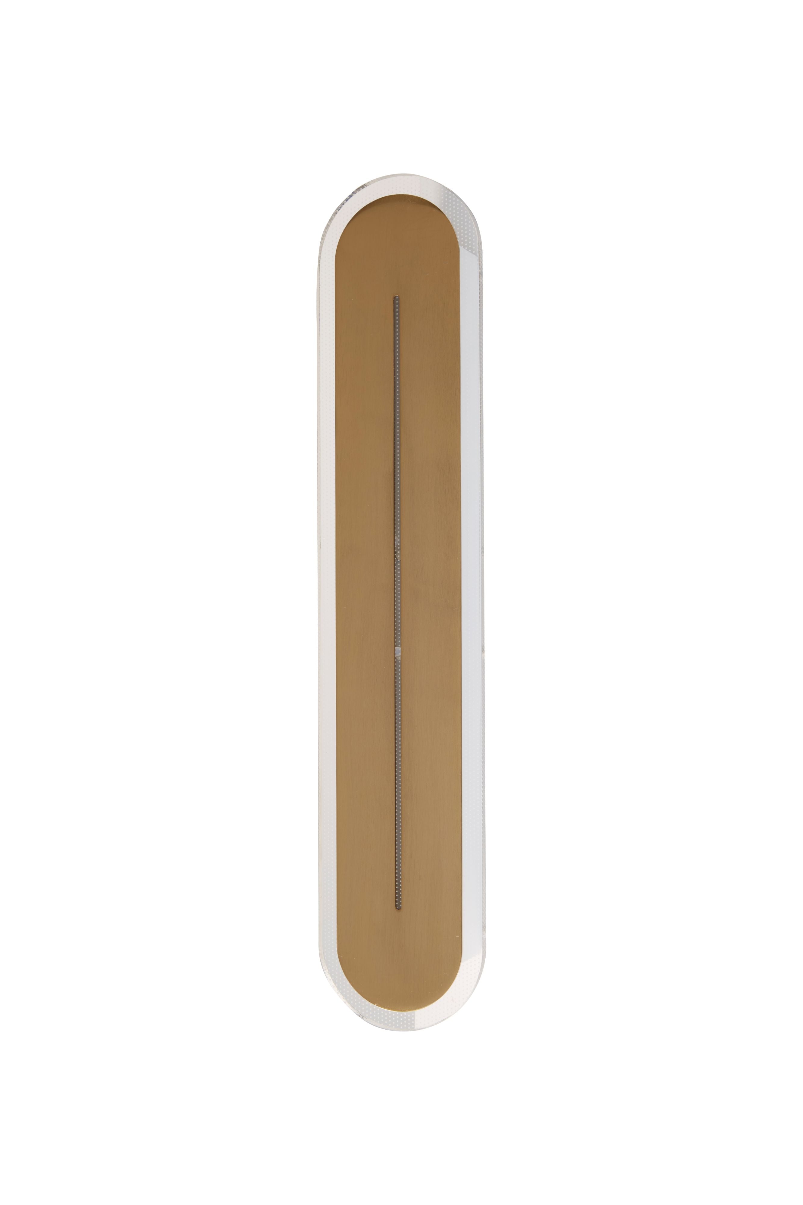 Straight on studio shot of the Couper LED wall light in satin brass showing the acrylic edge trim and central lit slit