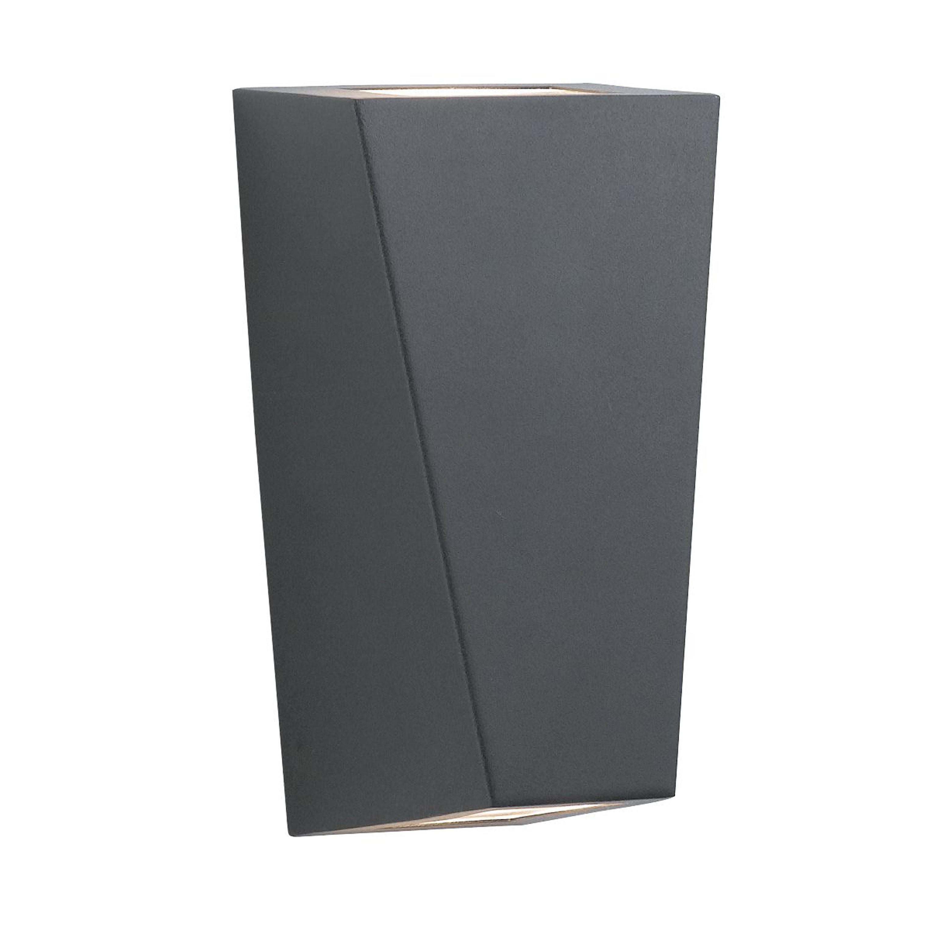 Searchlight Sheffield outdoor wall light in black, studio shot of the angular trapezoid body from one side with light showing through the top and bottom slots