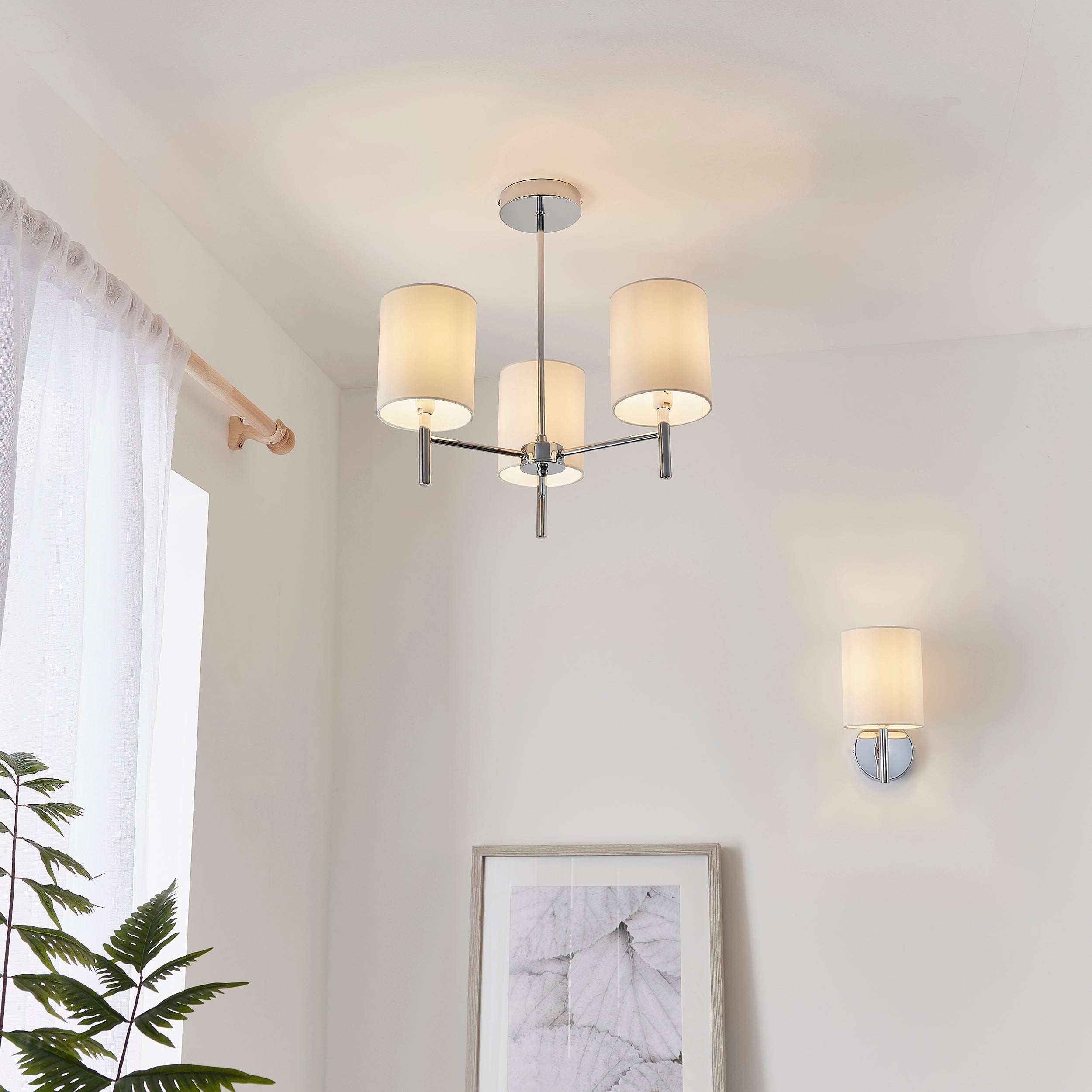 Endon Brio 3 Light Semi Flush Fitting  - Chrome Plate & Vintage White Fabric