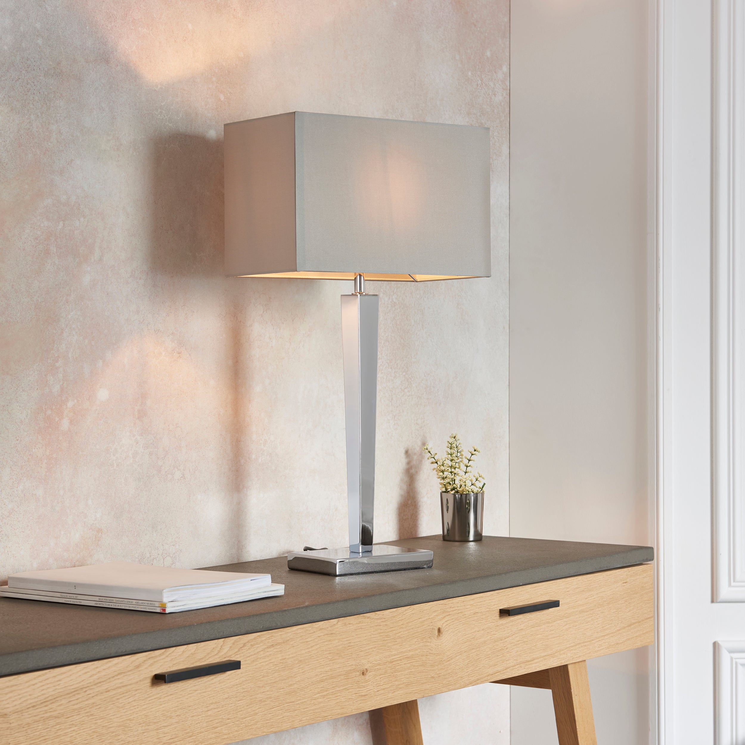 Endon Moreto Single Light Table Lamp  - Chrome Plate & Grey & Silver Fabric