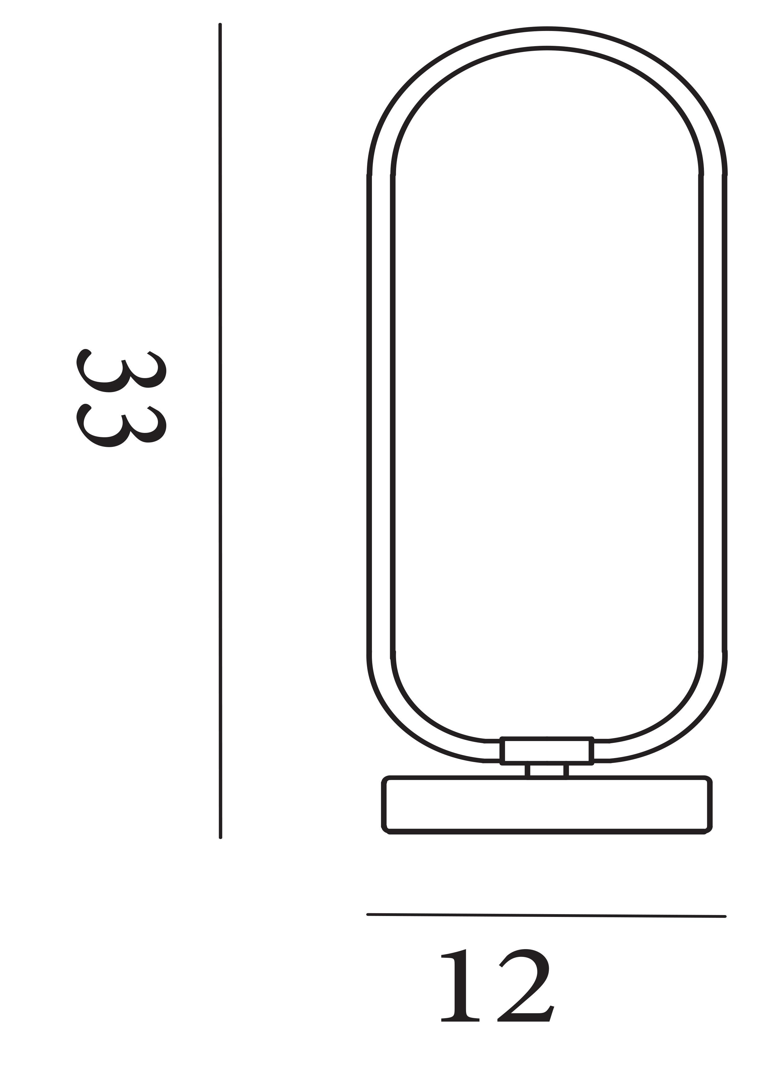 Technical drawing of the Liner table lamp showing a 12cm wide base and 33cm overall height