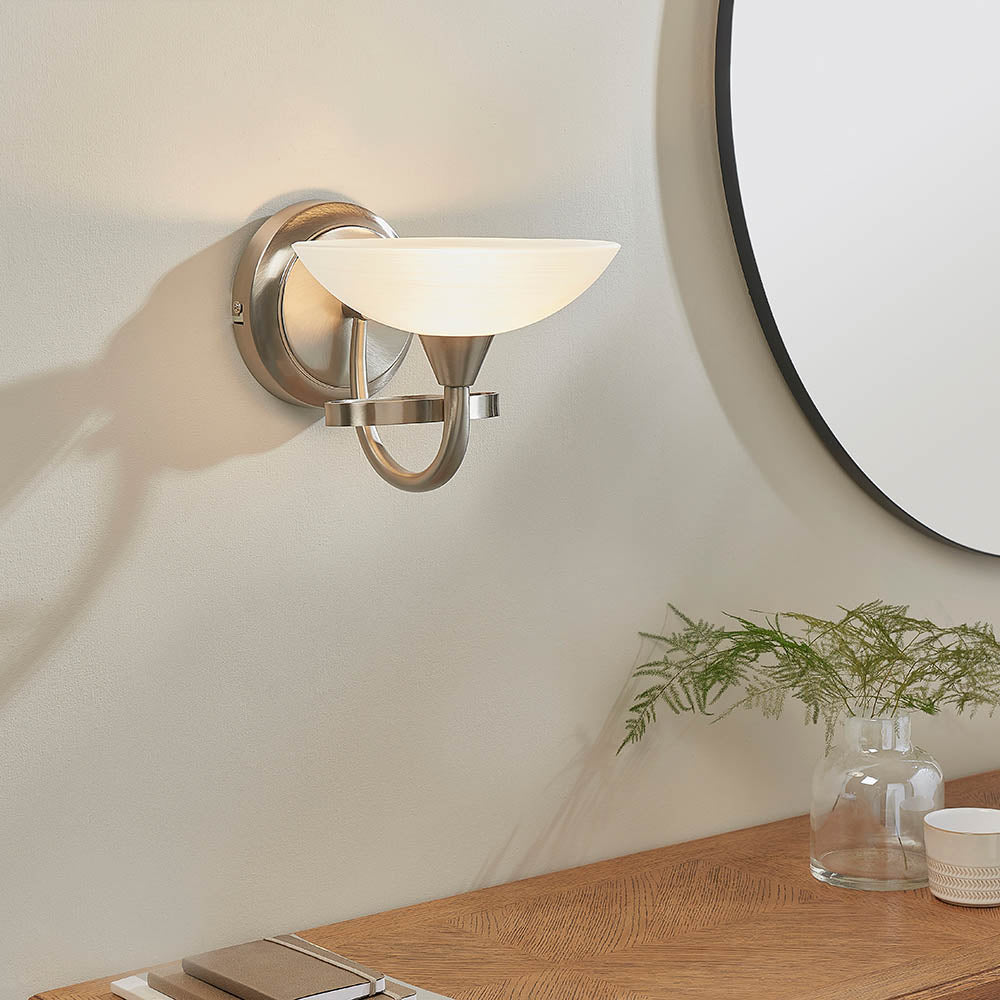 Endon Cagney Single Light Wall Light - Satin Chrome Plate & White Glass