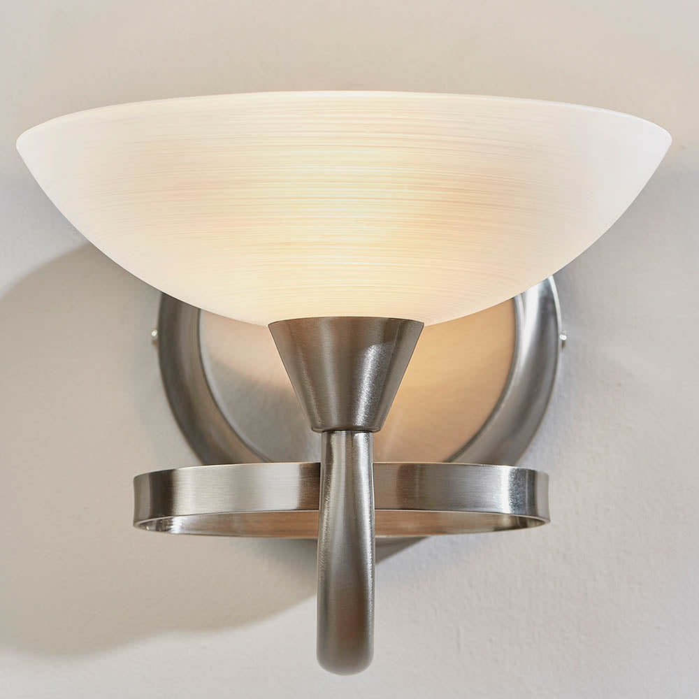 Endon Cagney Single Light Wall Light - Satin Chrome Plate & White Glass