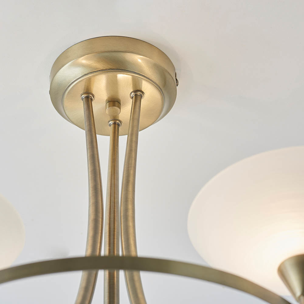 Endon Cagney 3 Light Semi Flush Fitting - Antique Brass Plate & White Glass