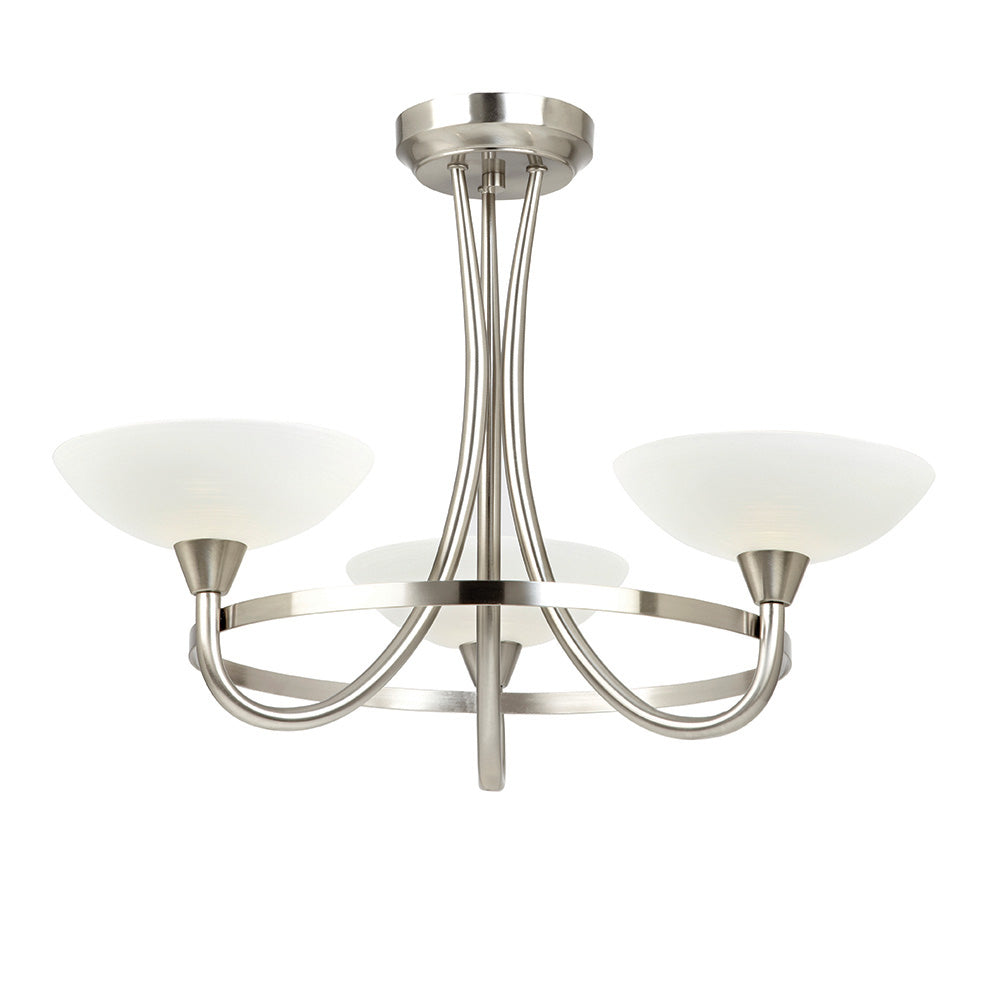 Endon Cagney 3 Light Semi Flush Fitting - Satin Chrome Plate & White Glass