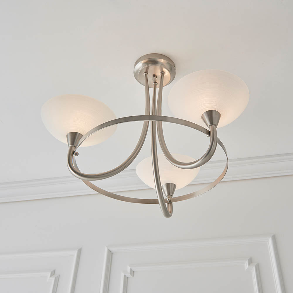 Endon Cagney 3 Light Semi Flush Fitting - Satin Chrome Plate & White Glass