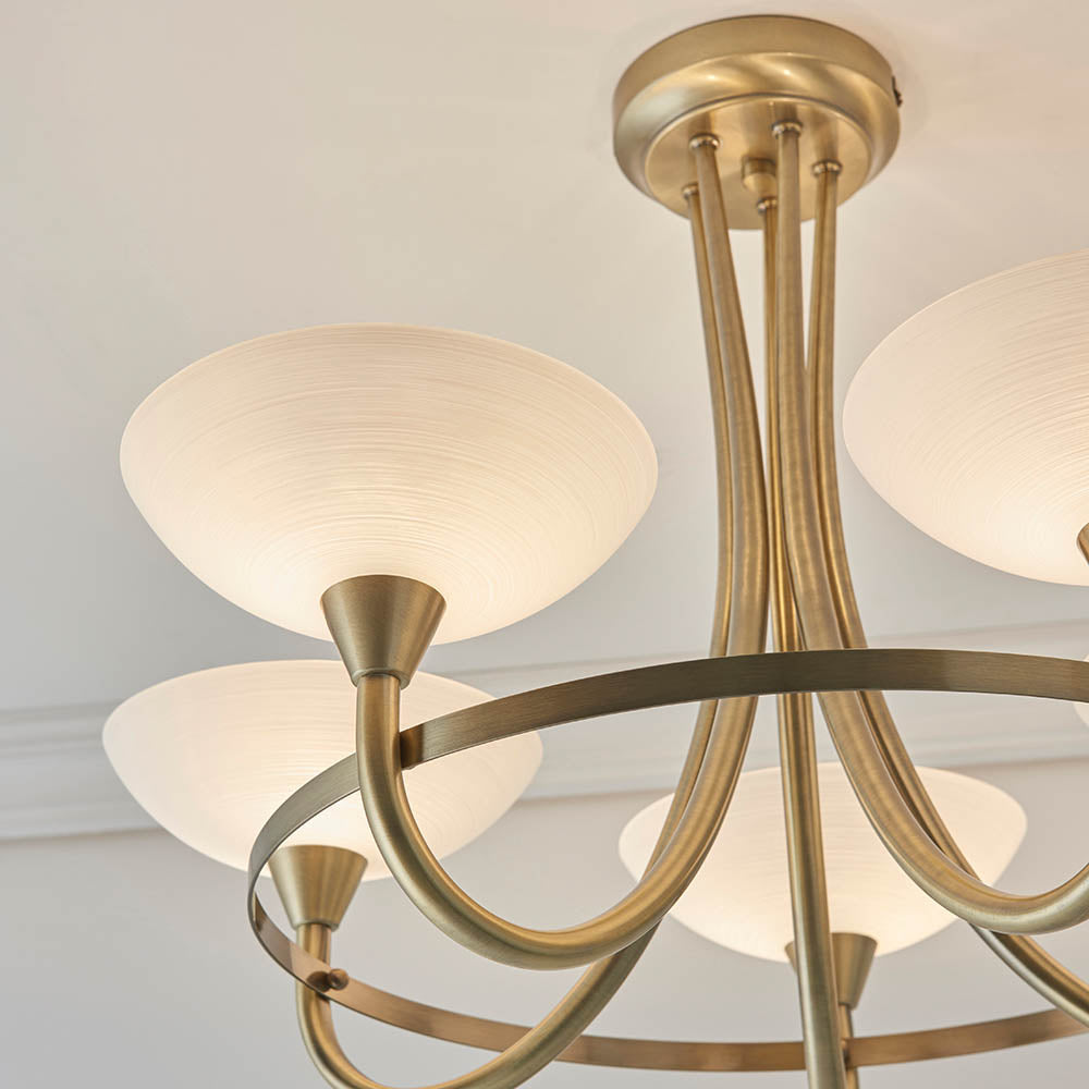 Endon Cagney 5 Light Semi Flush Fitting - Antique Brass Plate & White Glass