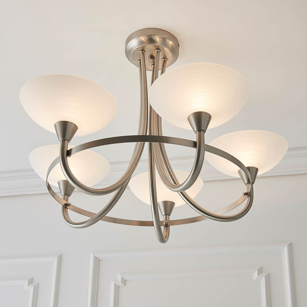 Endon Cagney 5 Light Semi Flush Fitting - Satin Chrome Plate & White Glass