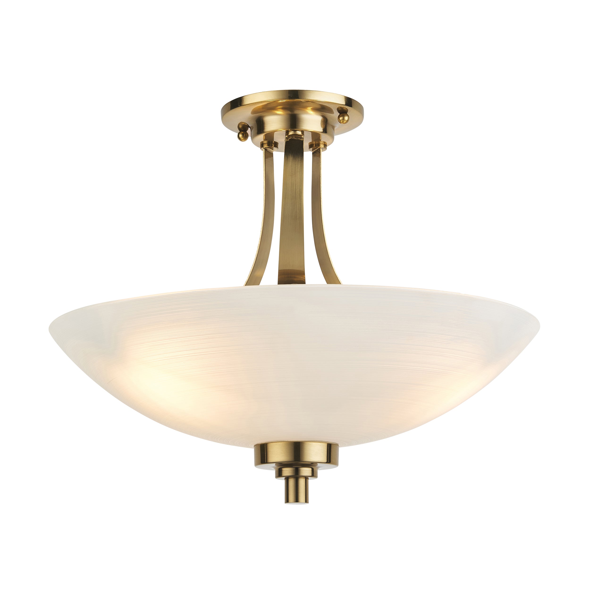 Endon Welles 3 Light Semi Flush Fitting - White Painted Lined Glass & Antique Brass