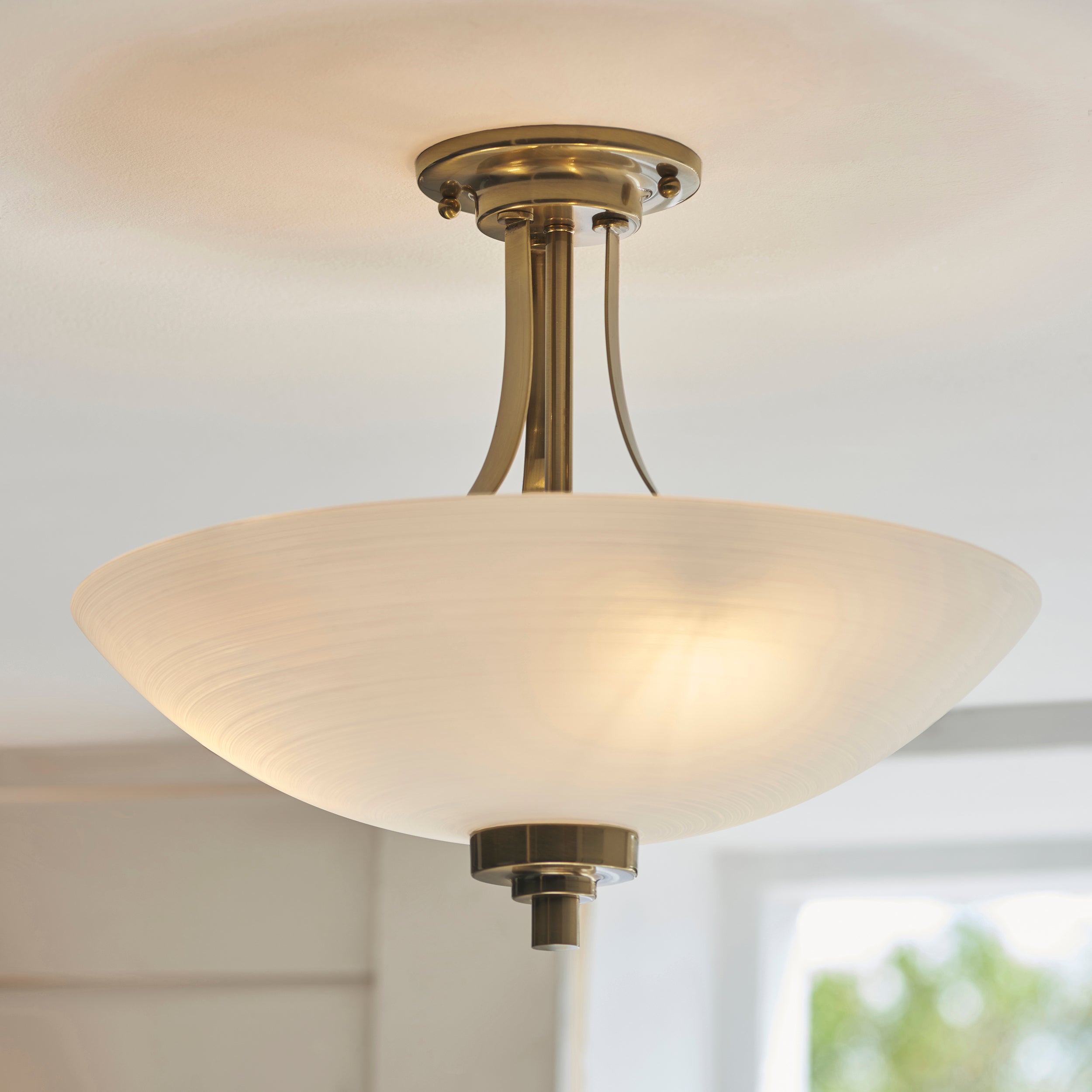 Endon Welles 3 Light Semi Flush Fitting - White Painted Lined Glass & Antique Brass