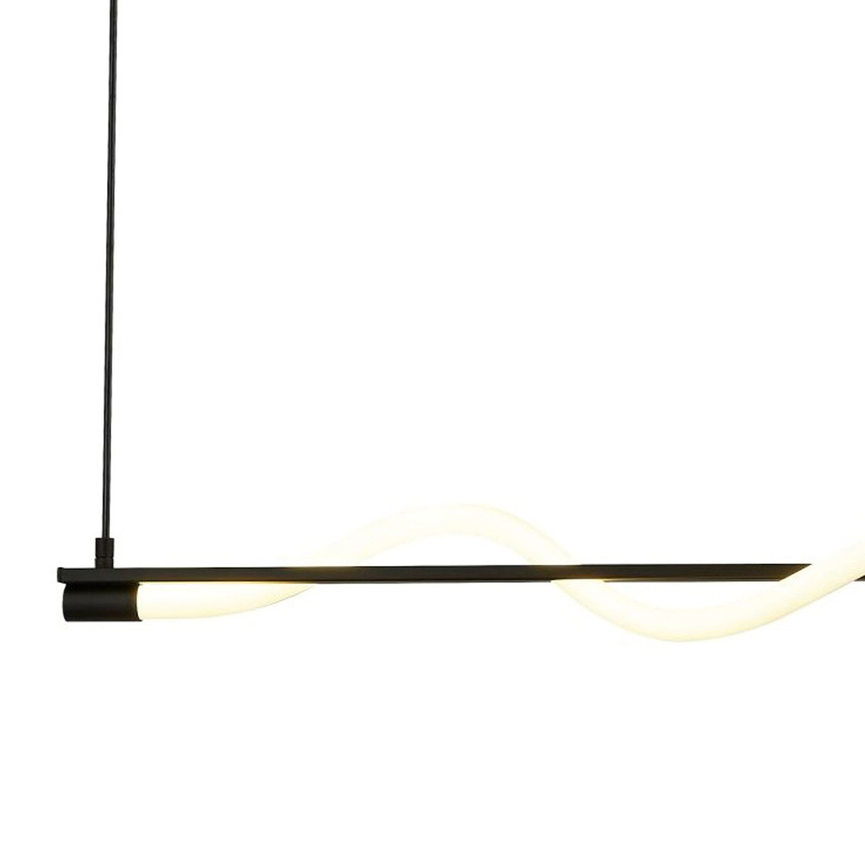 Close up detail of the Serpent pendant's opal tube weaving through the matt black bar, illuminated in warm white light