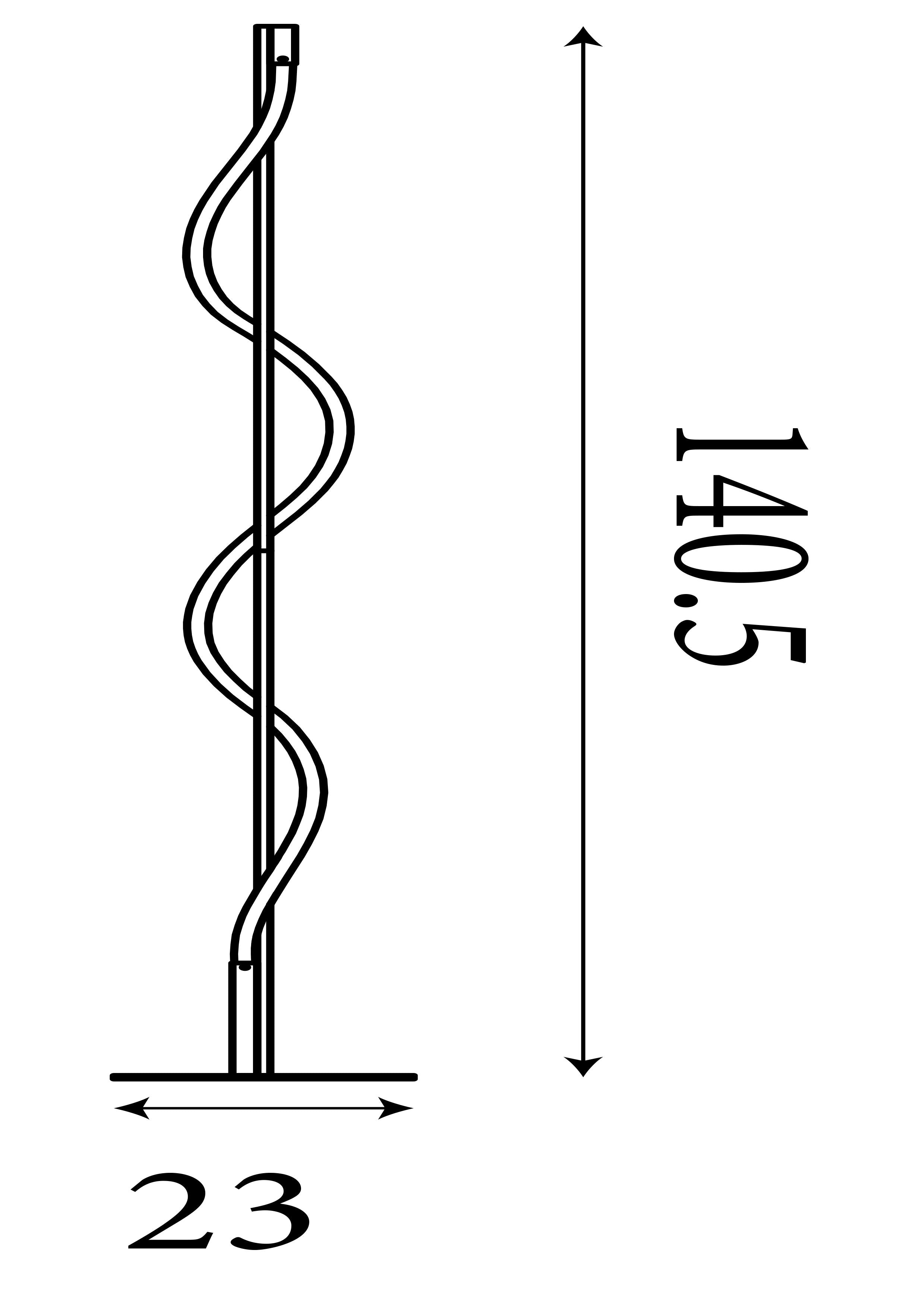 Technical line drawing of the Searchlight Serpent floor lamp showing a height of 140.5cm and a base diameter of 23cm