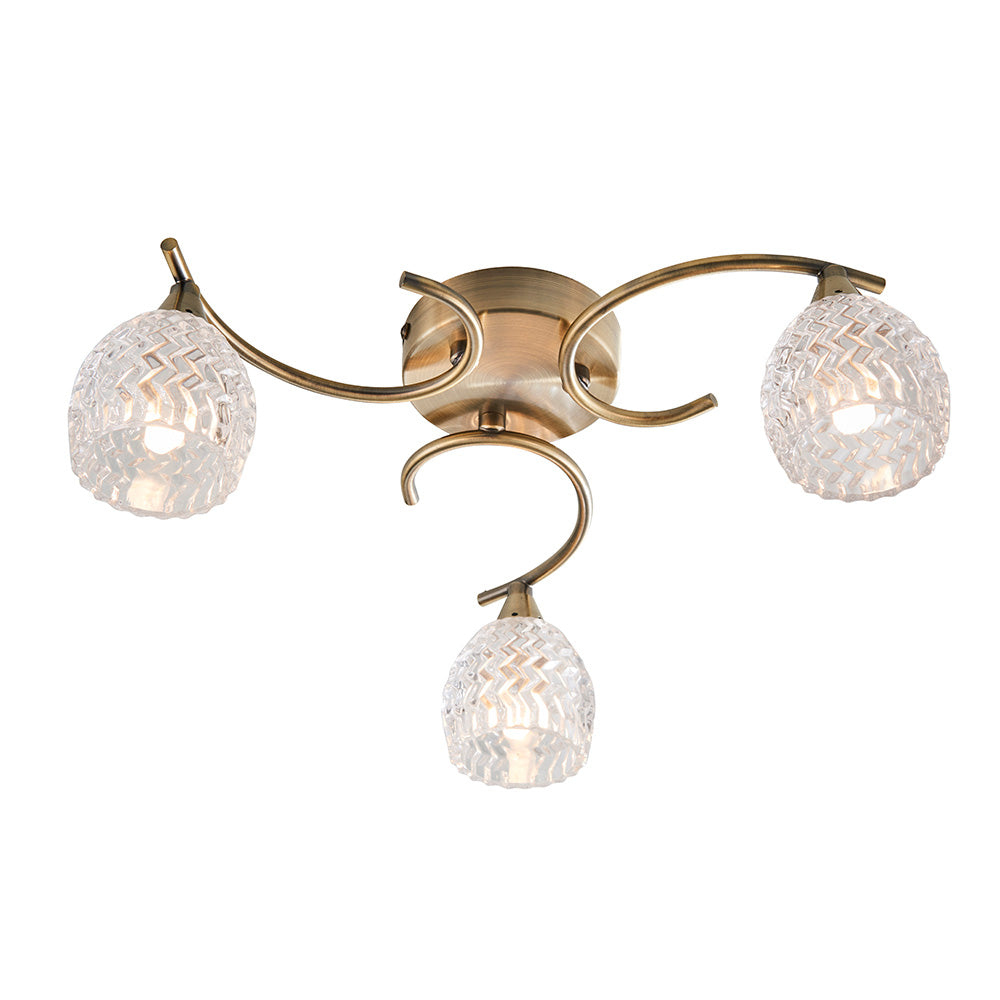Endon Boyer 3 Light Semi Flush Fitting - Antique Brass Plate & Clear Glass