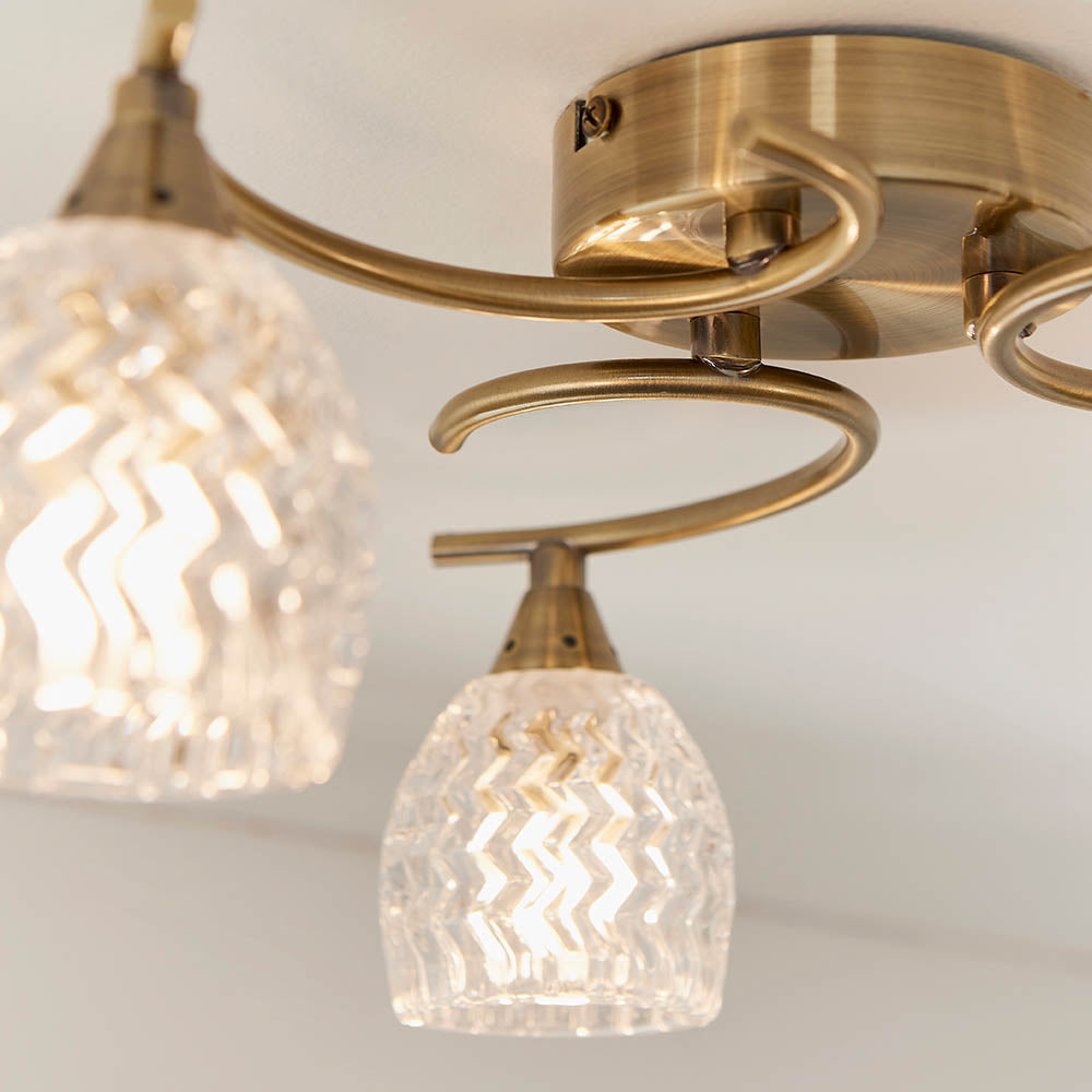 Endon Boyer 3 Light Semi Flush Fitting - Antique Brass Plate & Clear Glass