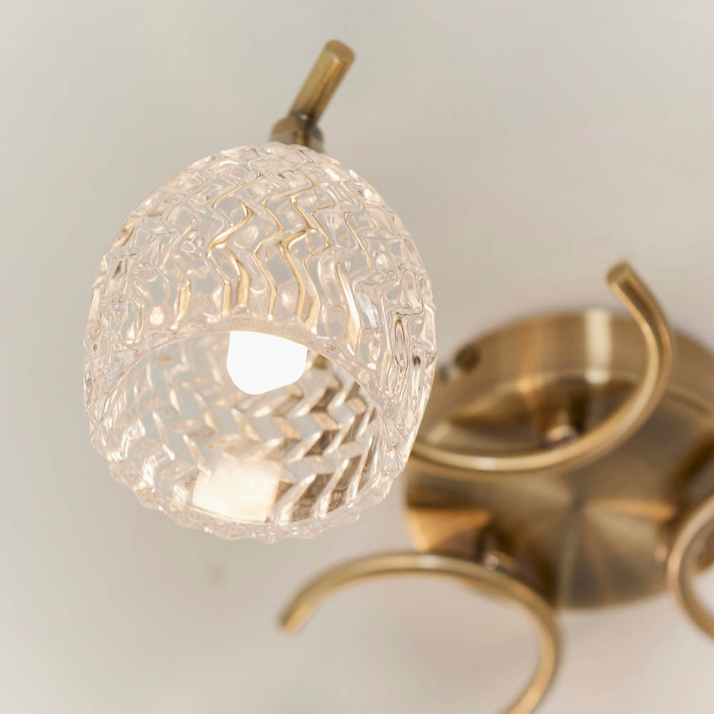 Endon Boyer 3 Light Semi Flush Fitting - Antique Brass Plate & Clear Glass