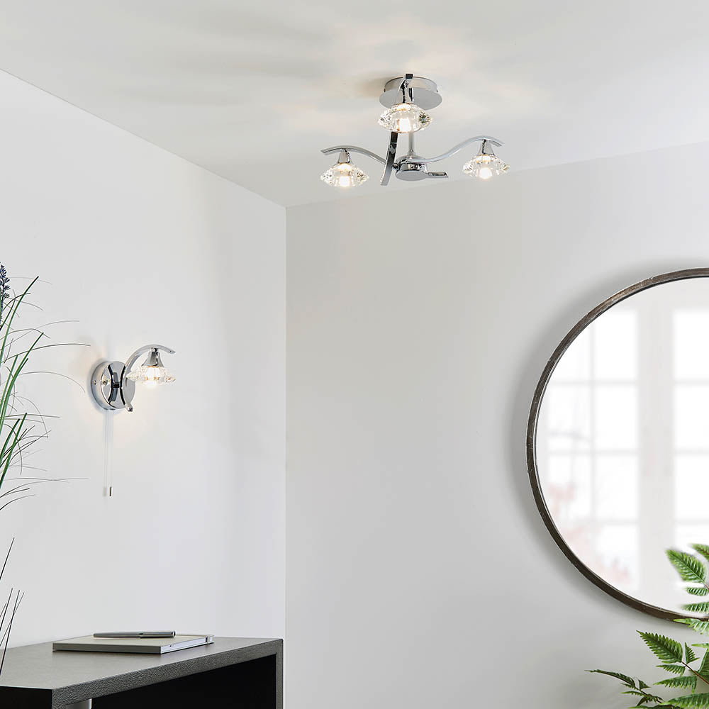 Endon Langella 3 Light Semi Flush Fitting  - Chrome Plate & Clear Crystal
