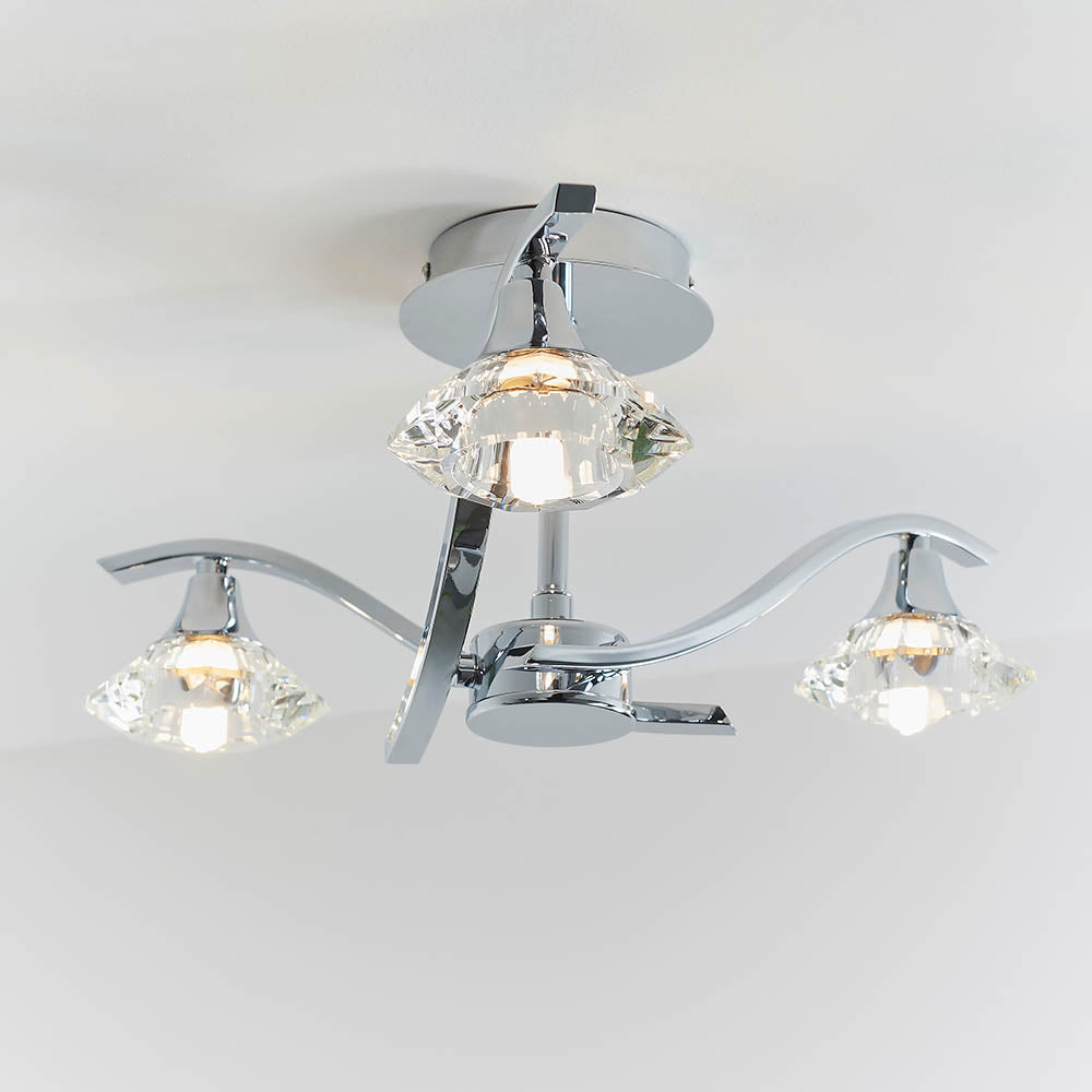 Endon Langella 3 Light Semi Flush Fitting  - Chrome Plate & Clear Crystal