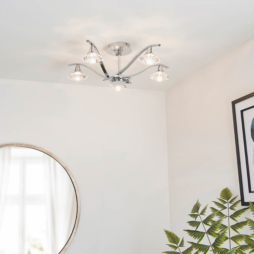 Endon Langella 5 Light Semi Flush Fitting  - Chrome Plate & Clear Crystal